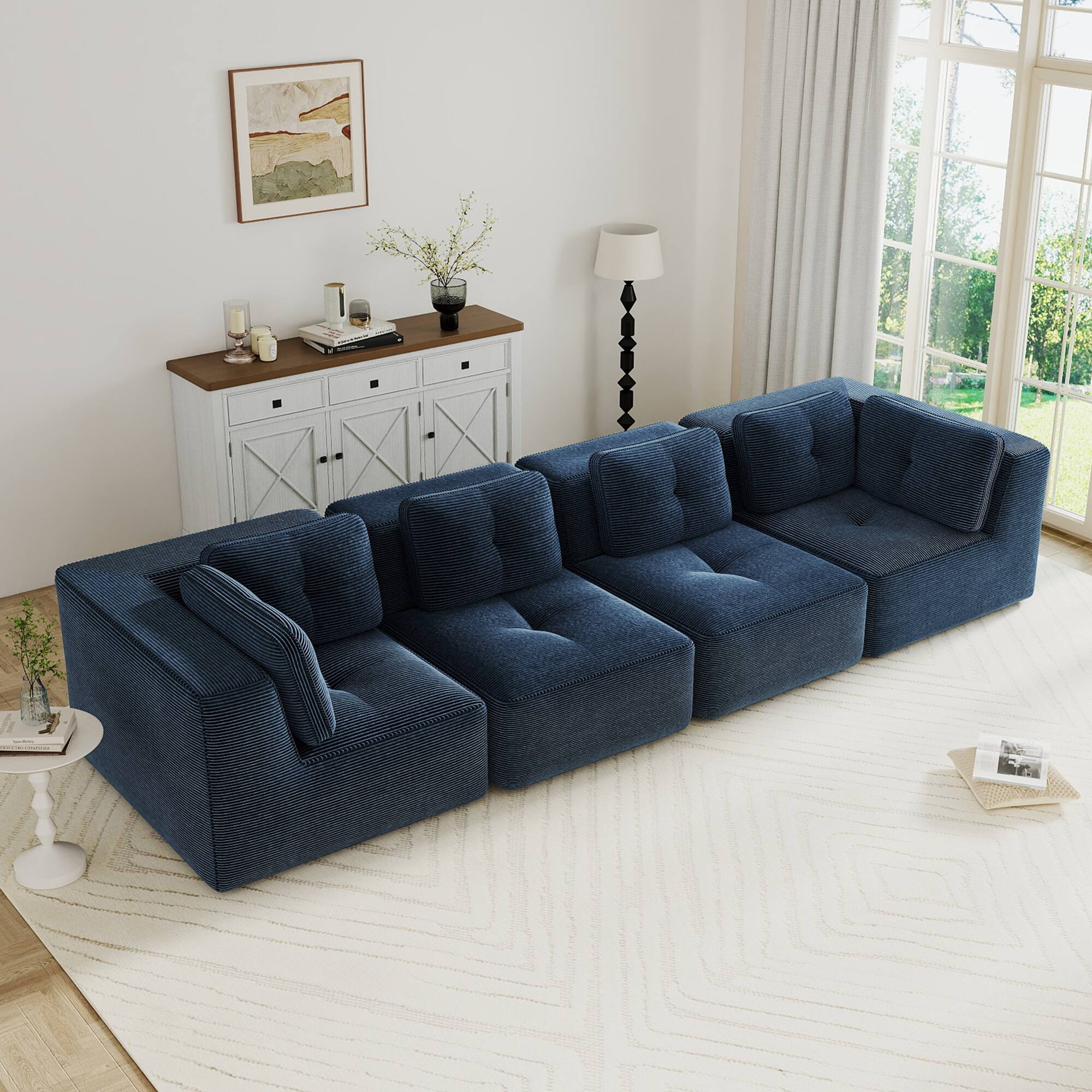 Front. LOVMOR - 4 Seater Corduroy Modular Sectional Couch Deep Seat No Assembly Compressed Pack Anti Slip Tufted For Soft Home - Blue.
