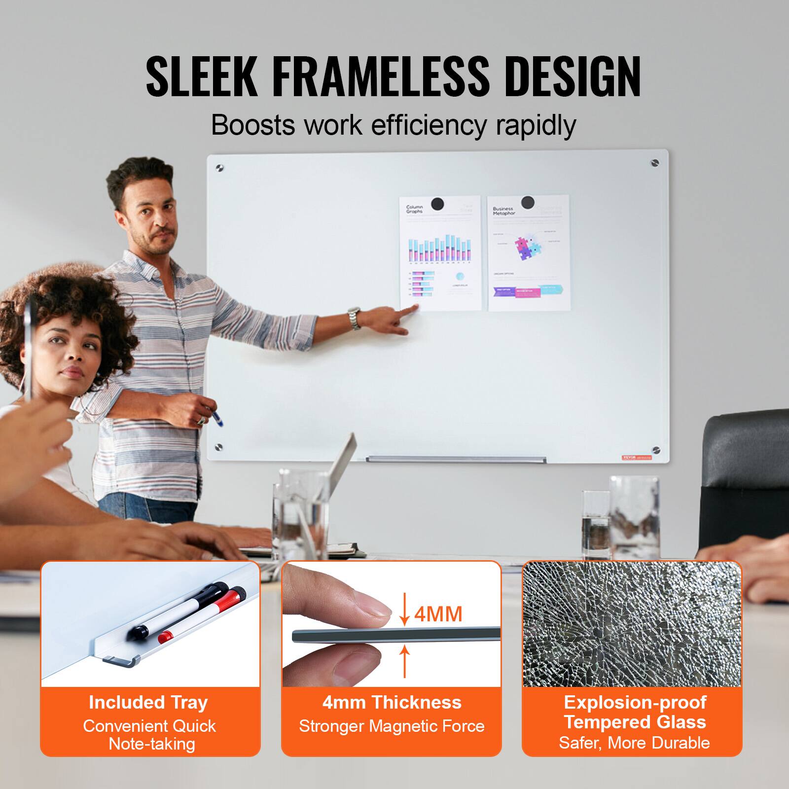 SLEEK FRAMELESS DESIGN  
Boosts work efficiency rapidly  

Included Tray  
Convenient Quick Note-taking  

4mm Thickness  
Stronger Magnetic Force  

Explosion-proof Tempered Glass  
Safer, More Durable