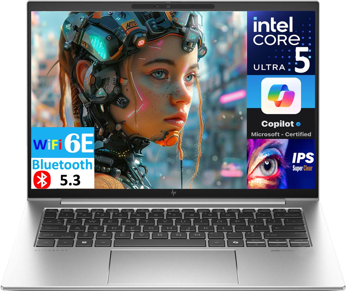 Sure, here is the corrected and grouped text from the image:

- **Intel Core Ultra 5**
- **WiFi 6E**
- **Bluetooth 5.3**
- **Copilot** (Microsoft - Certified)
- **IPS Super Clear**