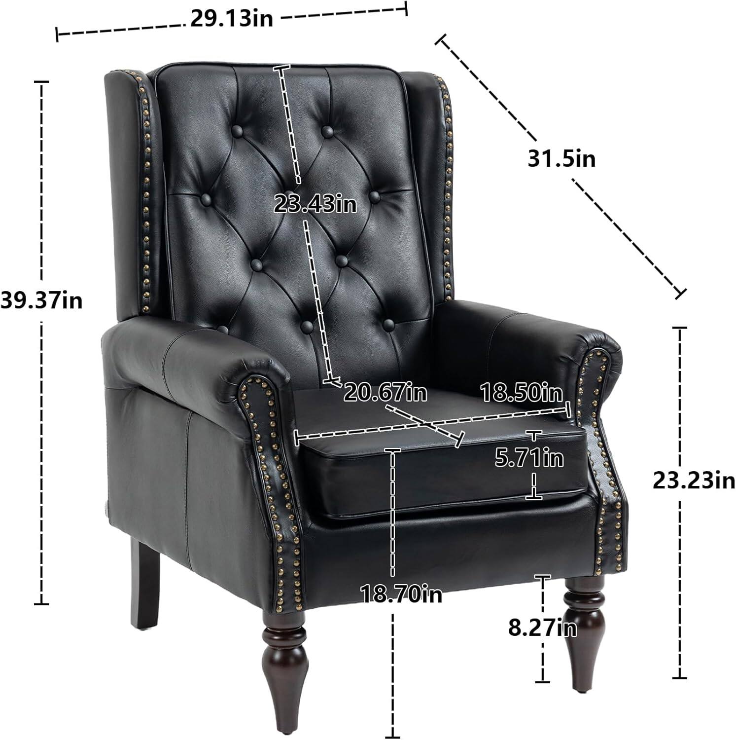 - Height: 39.37in
- Width: 31.5in
- Depth: 29.13in
- Seat Height: 20.67in
- Seat Depth: 23.23in
- Arm Height: 23.43in
- Arm Width: 18.50in
- Back Height: 31.5in
- Back Width: 23.43in
- Seat Width: 23.23in
- Seat Depth: 18.70in
- Armrest Height: 5.71in
- Leg Height: 8.27in