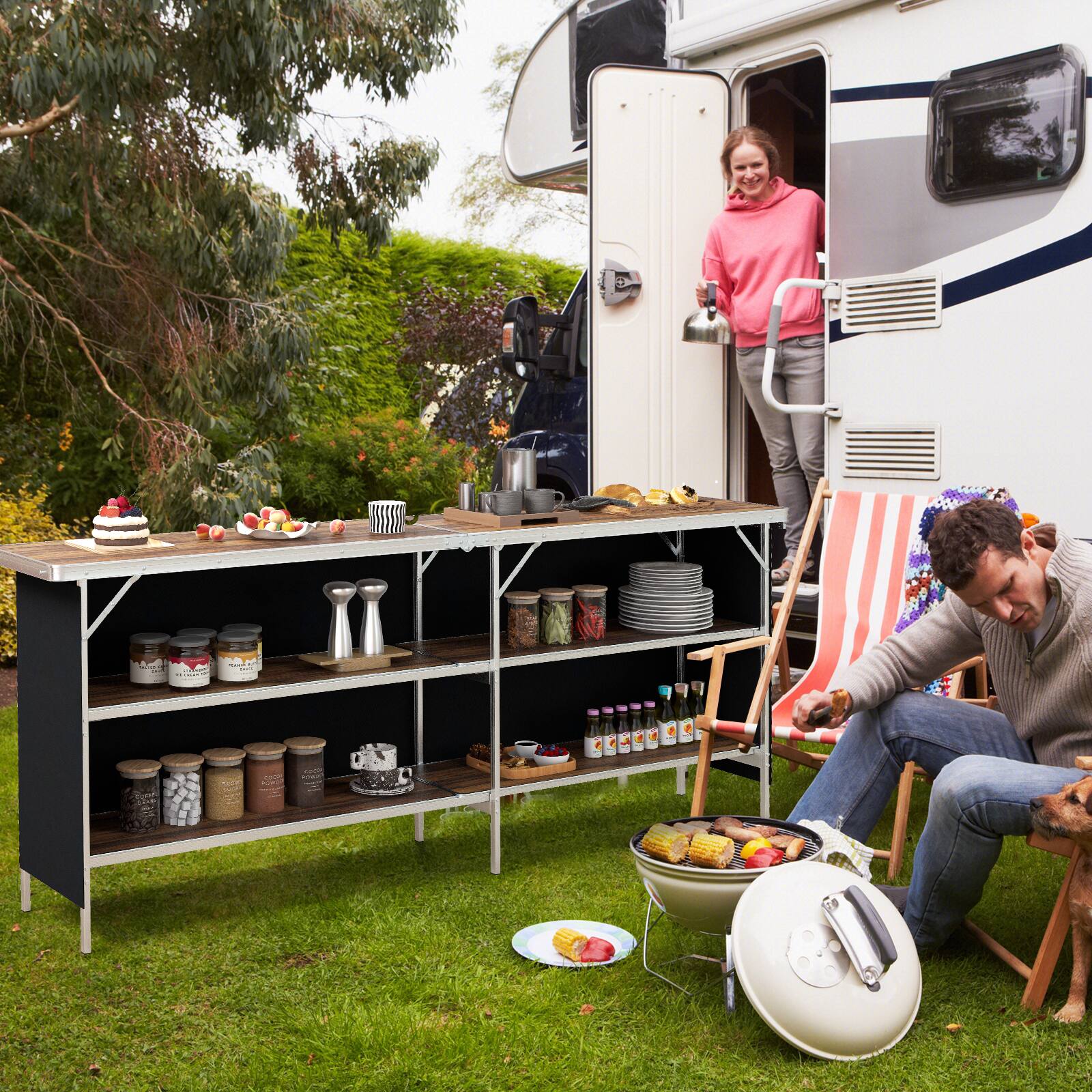 Alt View 1. Gymax - Gymax Portable Bar Table Folding Camping Table w/ Aluminum Alloy Frame 2-Tier Shelves - Coffee.