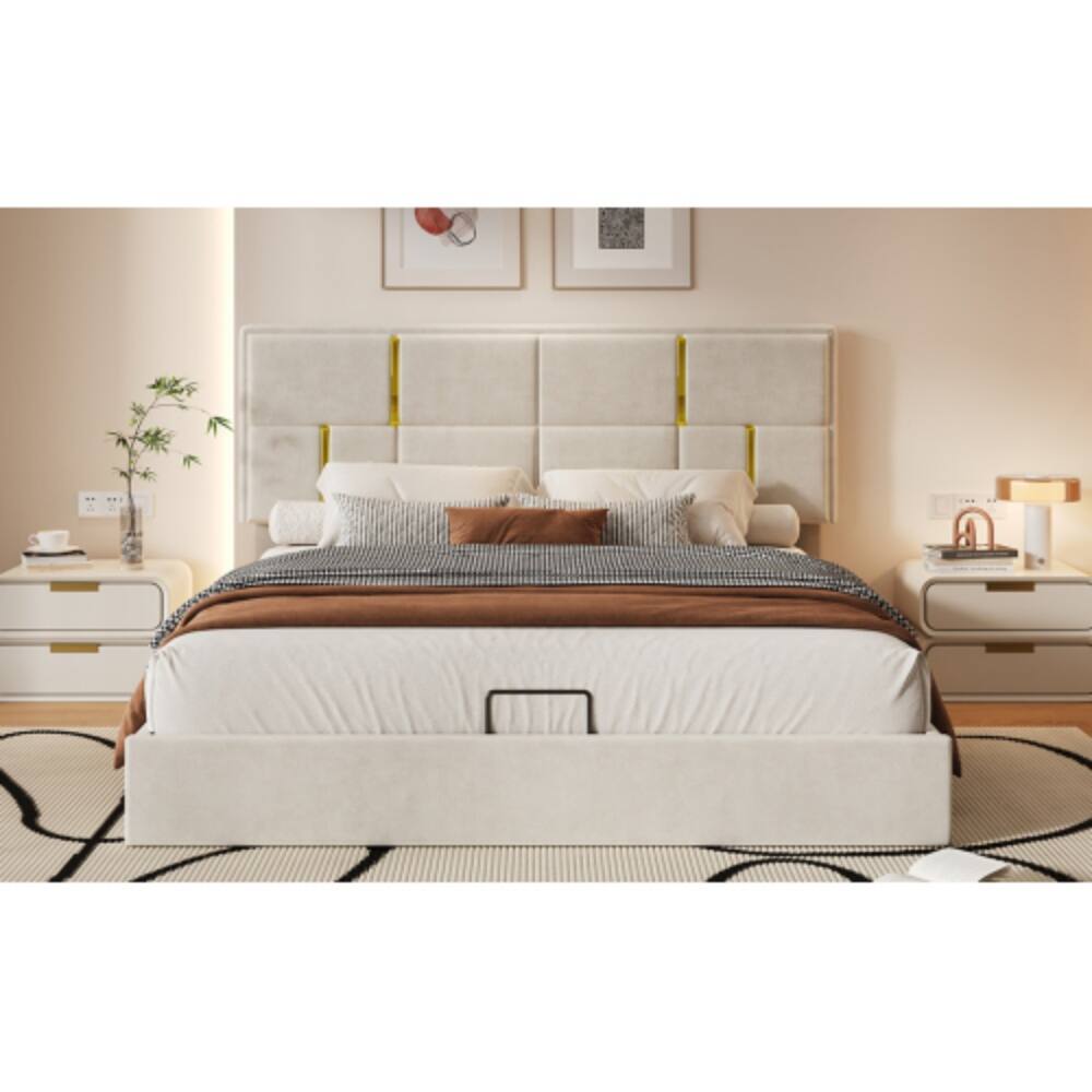 Alt View 3. LUCKY ONE - Queen Size Upholstered Platform Bed with Hydraulic Storage System, Soft Fabric Headboard, No Box Spring Needed - Beige.