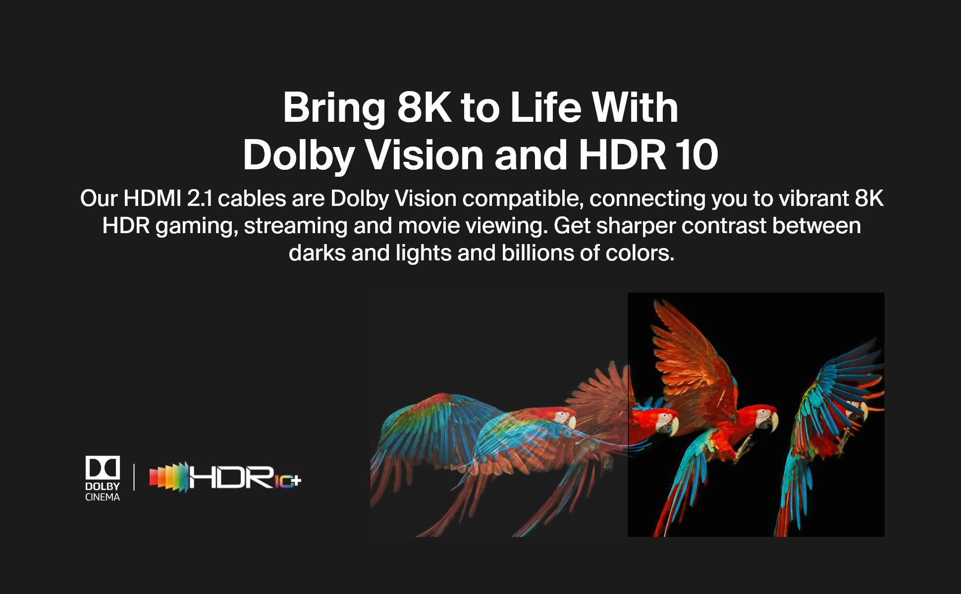Bring 8K to life with Dolby Vision and HDR 10. Our HDMI 2.1 cables are Dolby Vision compatible, connecting you to vibrant 8K HDR gaming, streaming, and movie viewing. Get sharper contrast between darks and lights and billions of colors. Dolby Cinema | HDR IC+