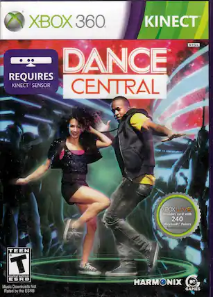 XBOX 360
KINECT™
DANCE CENTRAL™
REQUIRES KINECT™ SENSOR
NTSC
XBOX LIVE
Includes card with 240 Microsoft Points Redeem by 12/31/11
TEEN
CONTENT RATED BY ESRB
Music Downloads Not Rated by the ESRB
HARMONIX GAMES - E10+ (Everyone 10+)