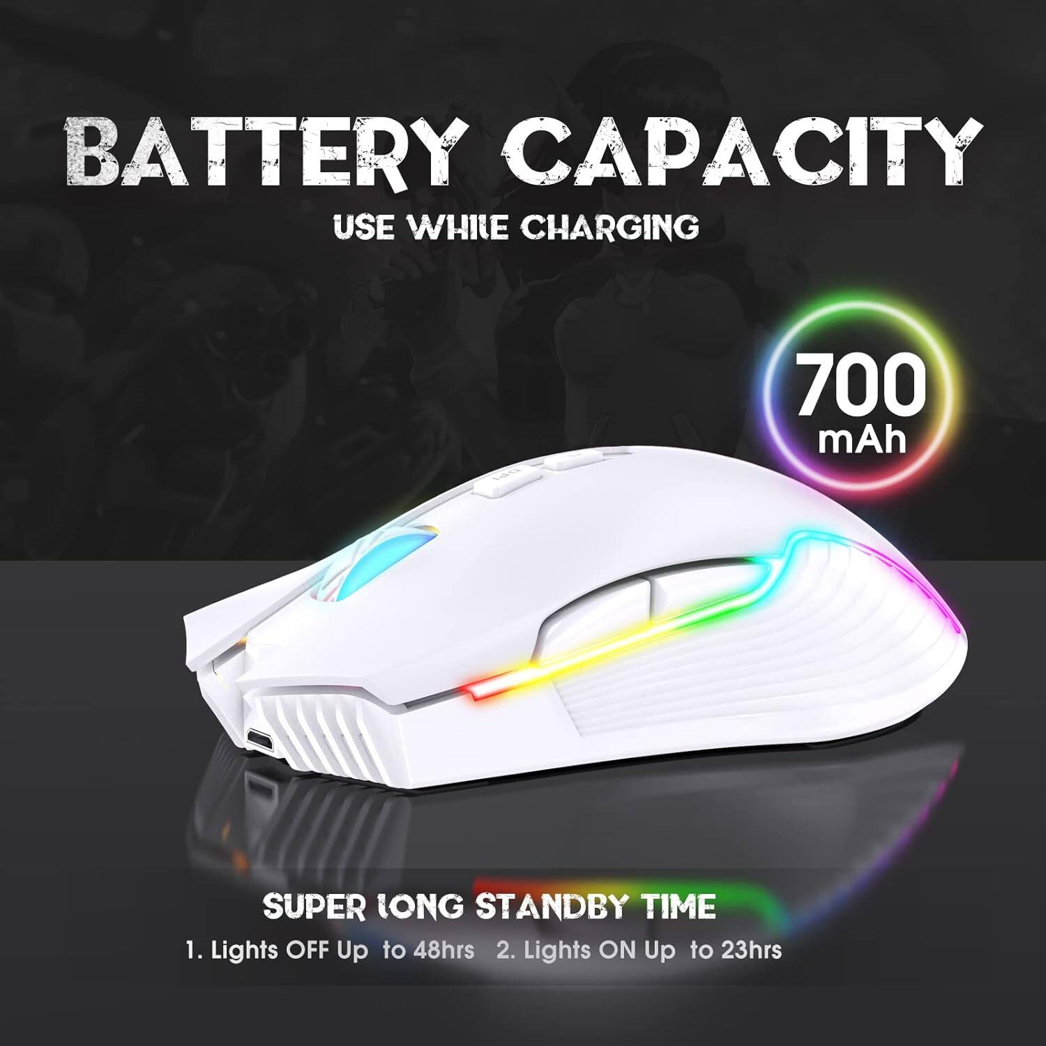 BATTERY CAPACITY  
USE WHILE CHARGING  

700 mAh  

SUPER LONG STANDBY TIME  
1. Lights OFF Up to 48hrs  
2. Lights ON Up to 23hrs