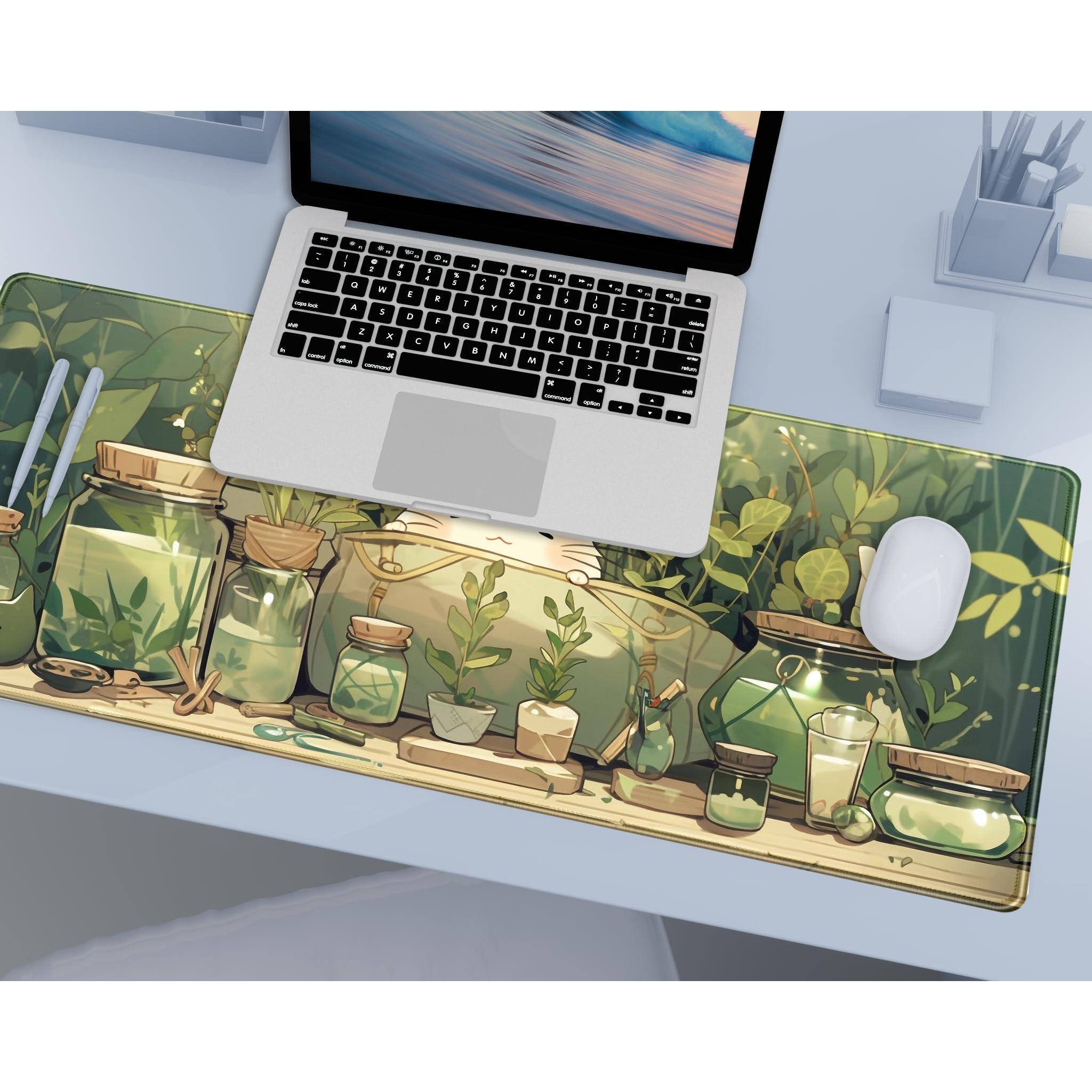 Back. Comfort Essence - Cute White Cat Anime Green Plant Leaves Desk Mat Large Mouse Pad Gaming Xl Extended Mousepad Accessories For - Beige White Cartoon Cat-15.8" x 31.5".