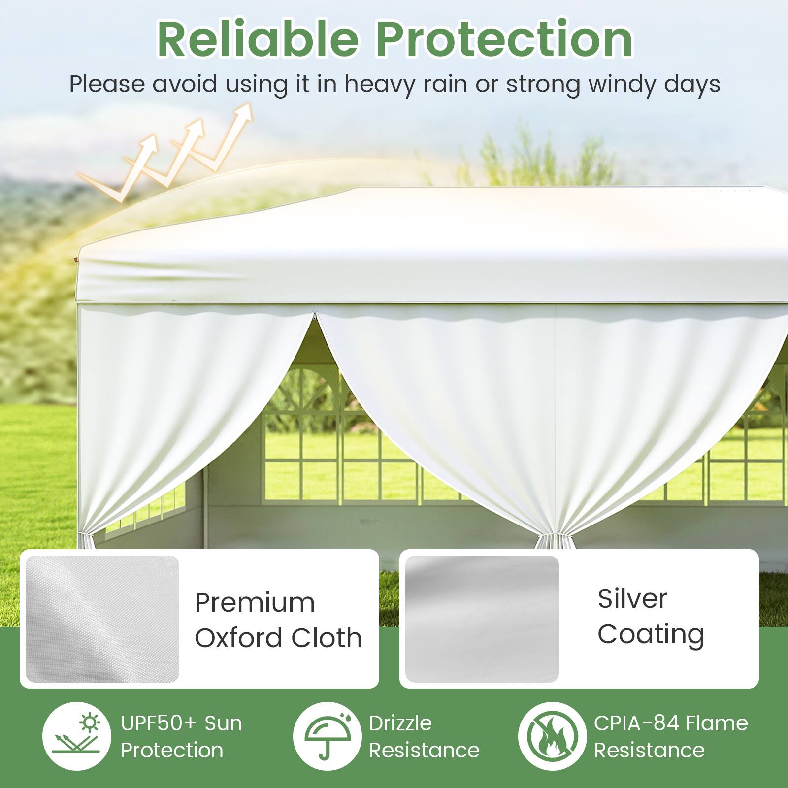 Reliable Protection  
Please avoid using it in heavy rain or strong windy days  

Premium Oxford Cloth  
Silver Coating  
UPF50+ Sun Protection  
Drizzle Resistance  
CPIA-84 Flame Resistance