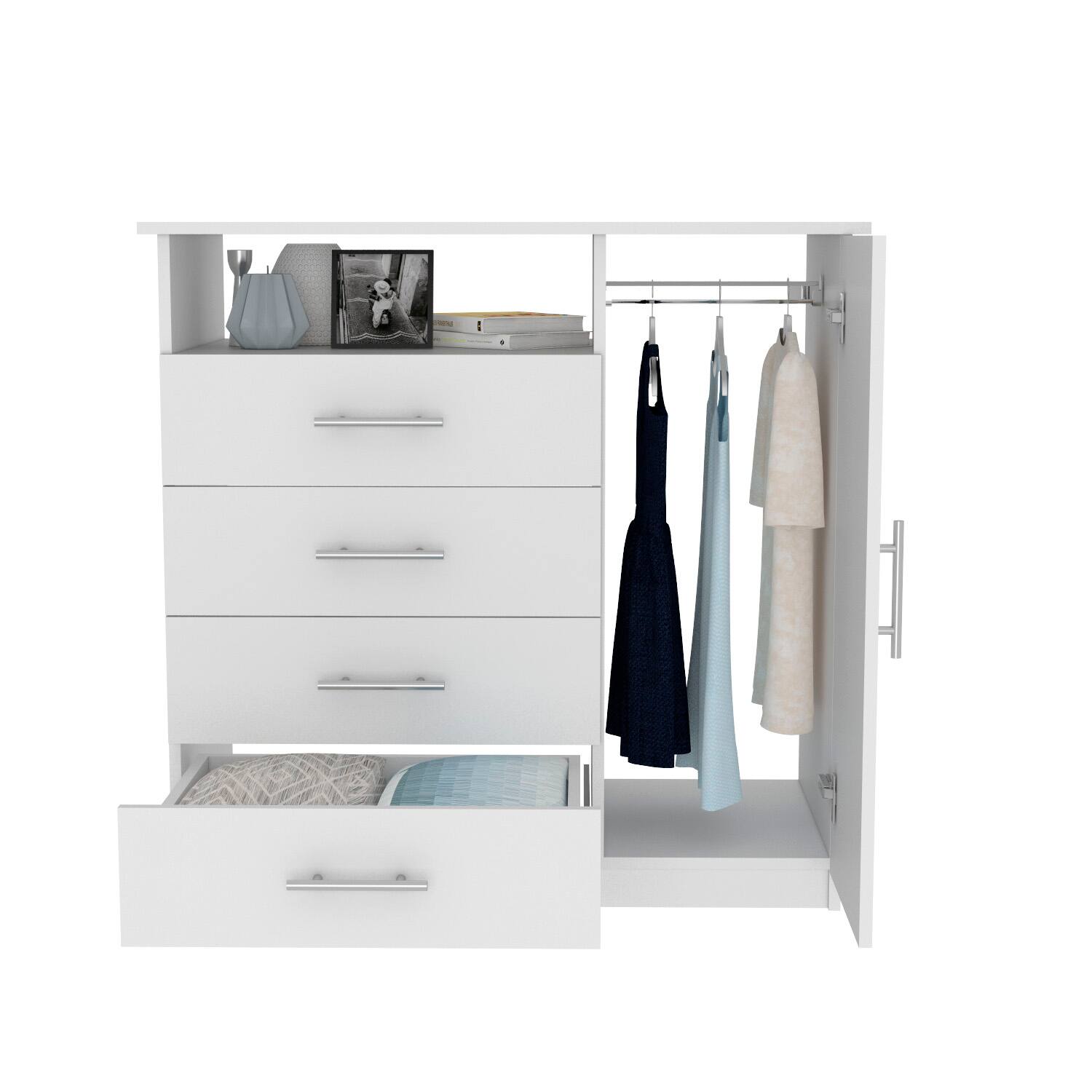 Alt View 4. TuHome - Peru 4 Drawer Dresser, Single Door Cabinet, One Open Shelf, Superior Top - White.
