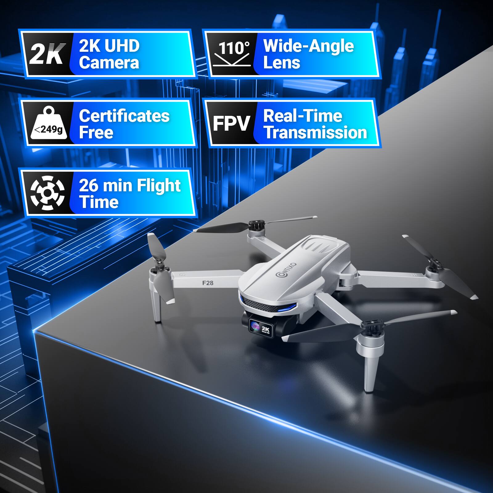Unmanned Aerial Vehicles: 2K UHD Camera, 110 Wide-Angle Lens, Certificates, 249g Free, Real-Time FPV Transmission, 26 min Flight Time, F28 CDO 2K.