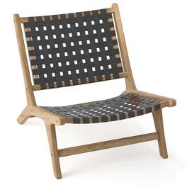 Costway - Modern Teak Wood Lounge Chair with Nylon Woven Backrest & Seat Comfy Reading Chair - Black