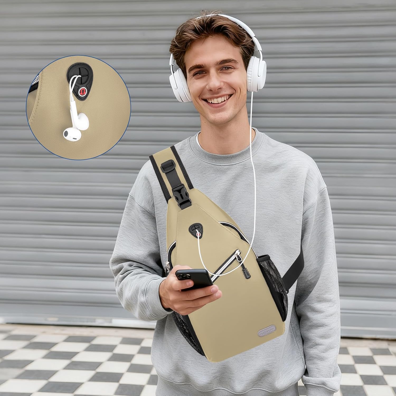 Alt View 5. mosiso - Sling Backpack Multipurpose Crossbody Shoulder Bag Travel Hiking Daypack - Beige.