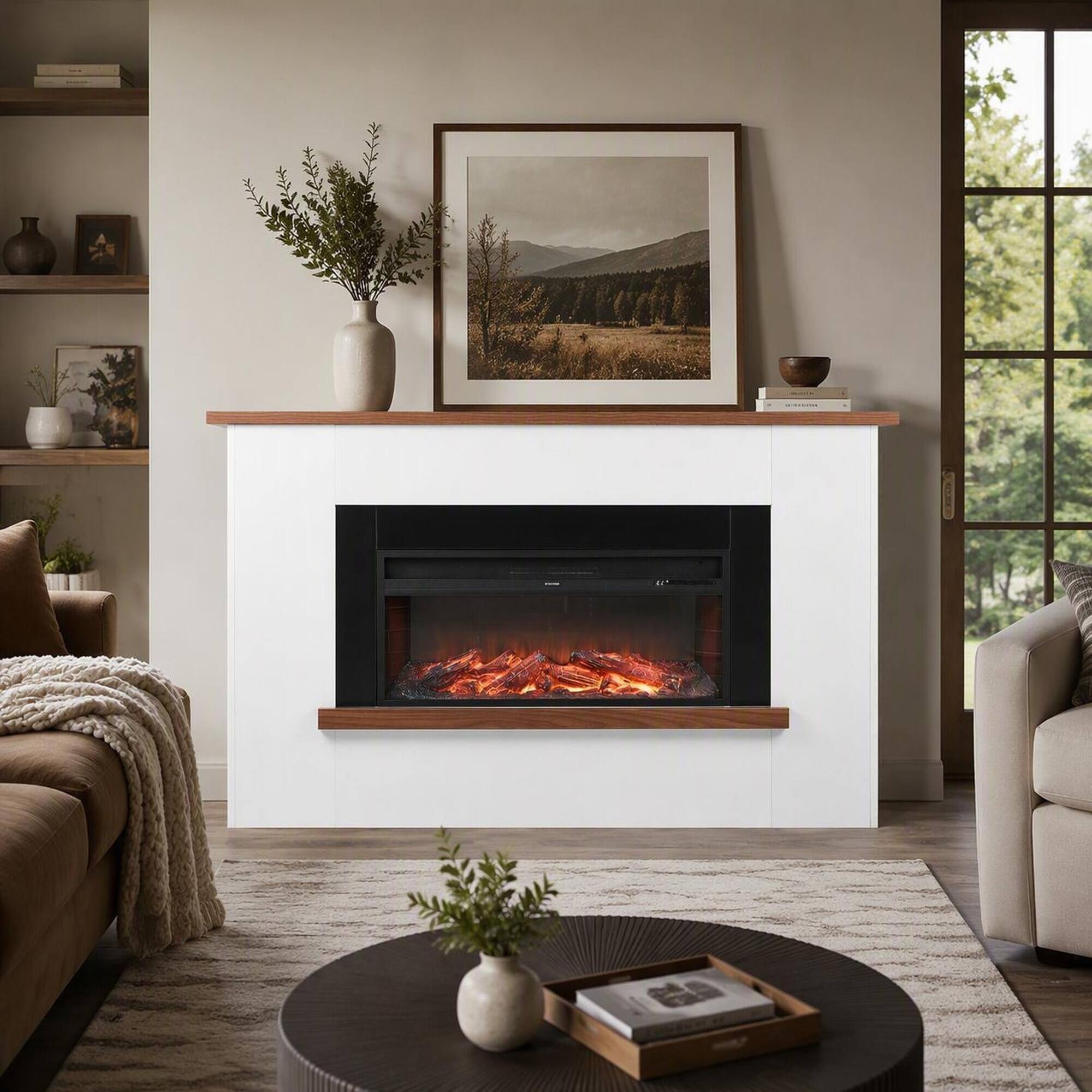 Left. RYHNUYNE - 65.5 Inch Freestanding Electric Fireplace Heater With Mantel, Adjustable Flames Remote Timer Overheat Protection - Black White.