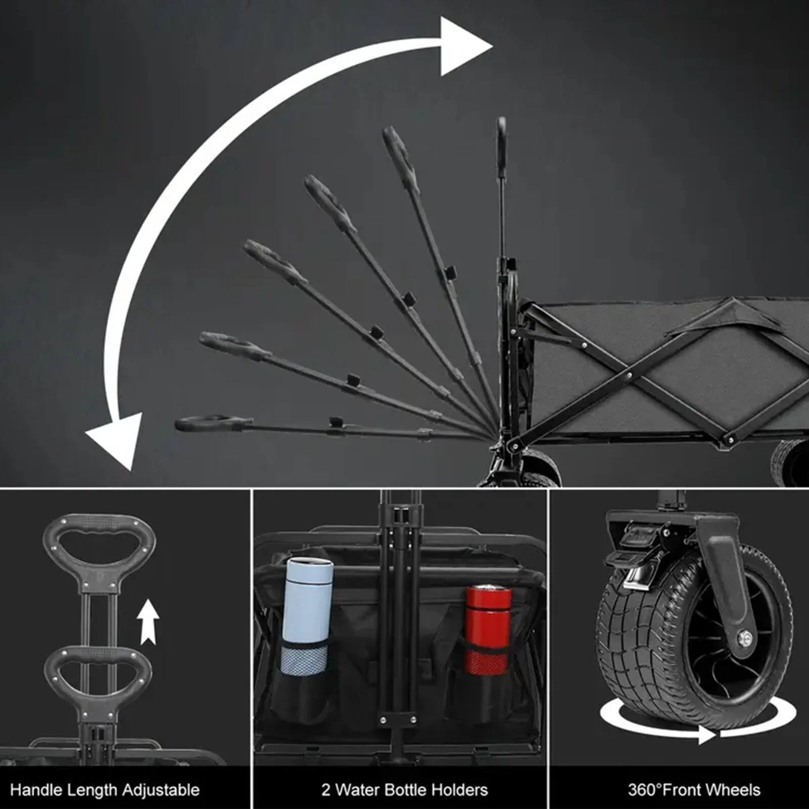- Handle Length Adjustable
- 2 Water Bottle Holders
- 360° Front Wheels