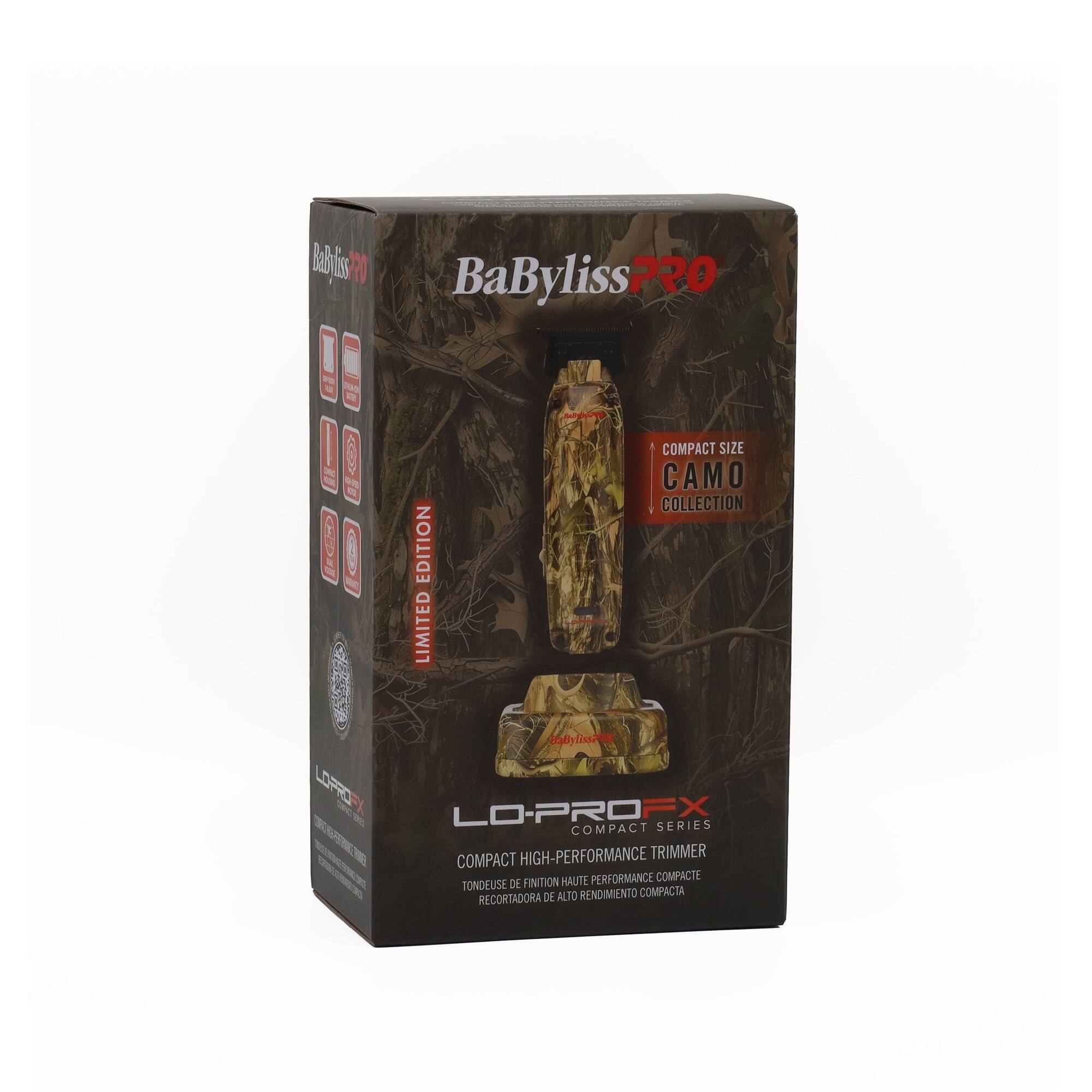 BaByliss PRO

COMPACT SIZE CAMO COLLECTION LIMITED EDITION 095ezillyBall

LO-PROFX COMPACT SERIES COMPACT HIGH-PERFORMANCE TRIMMER

FINITION HAUTE PERFORMANCE COMPACTE

TONDEUSE DE FINITION HAUTE PERFORMANCE COMPACTE

RECORTADORA DE ALTO RENDIMIENTO COMPACTA