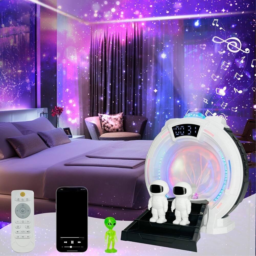 ACJPR - 6-in-1 Aurora Light Projector, Kids Alarm Clock with Galaxy Star Night Light, Bluetooth Speaker, Timer & Remote