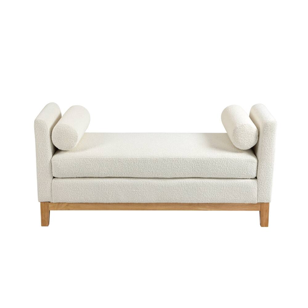 Left. Ropilly - Ropilly Ivory Boucle Upholstered End of Bed Bench with Bolster Pillows & Wood Legs for Bedroom Entryway - Ivory.