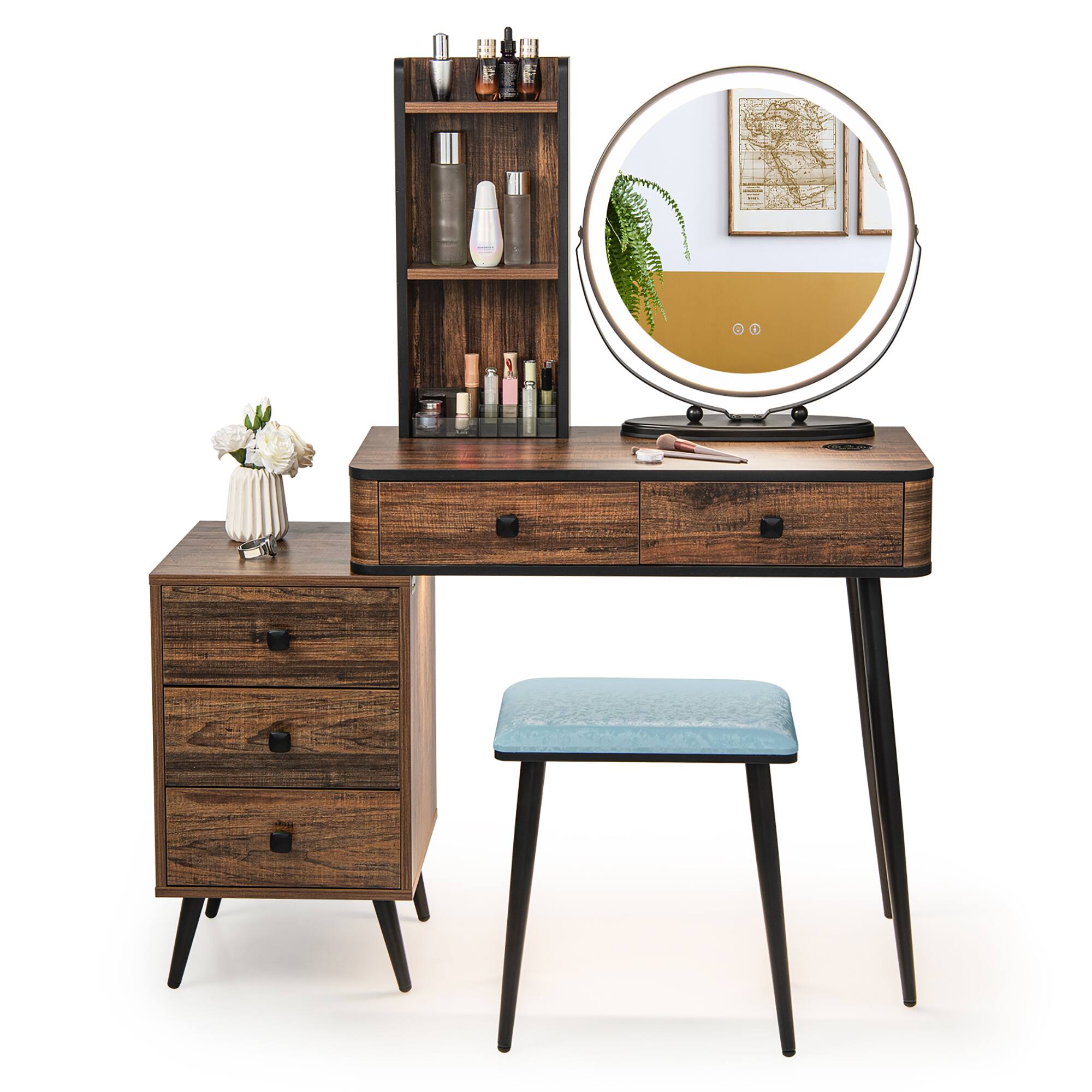Alt View 9. Costway - Costway Vanity Makeup Table Set 3-Color Dimmable Human Body Induction LED Light - Brown.