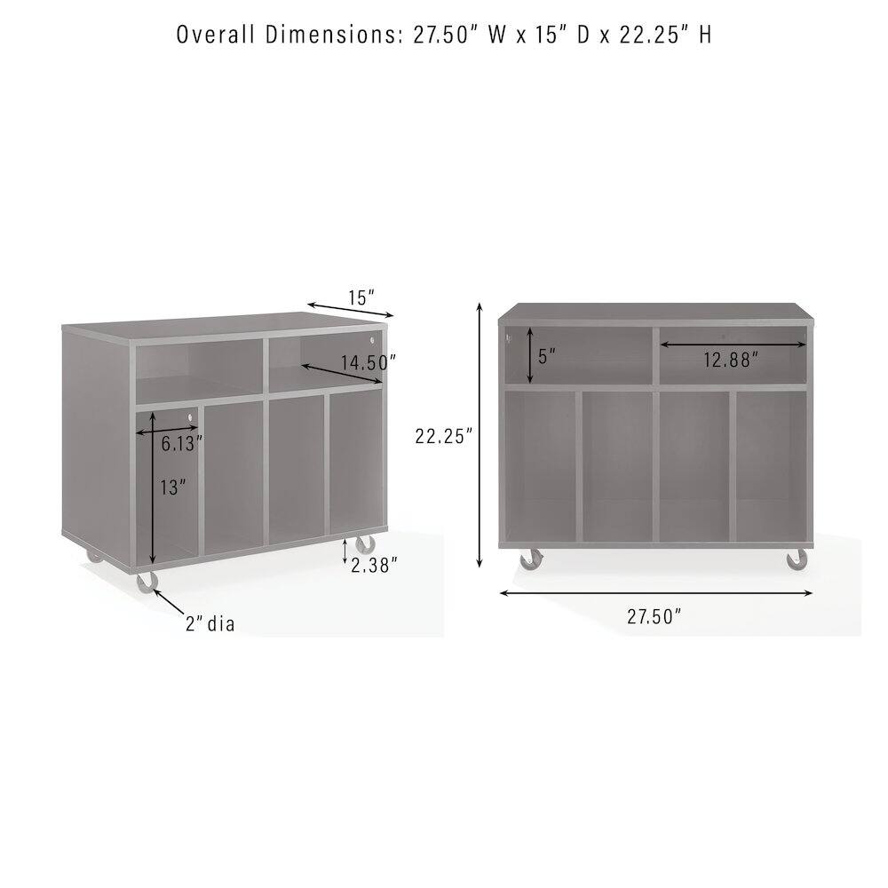 Overall Dimensions: 27.50" W x 15" D x 22.25" H

- 15"
- 14.50"
- 5"
- 12.88"
- 6.13"
- 22.25"
- 13"
- 2.38"
- 2" dia
- 27.50"