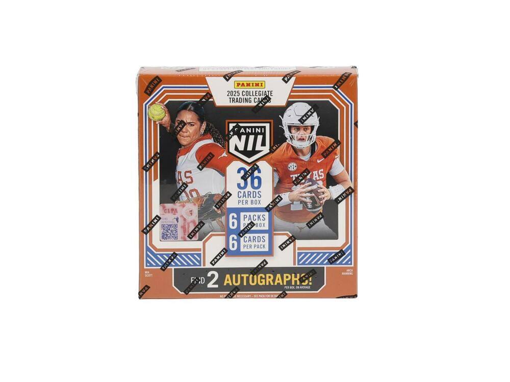 PANINI 2025 COLLEGIATE TRADING CARDS  
NIL  
36 CARDS PER BOX  
6 PACKS PER BOX  
6 CARDS PER PACK  
FIND 2 AUTOGRAPHS!