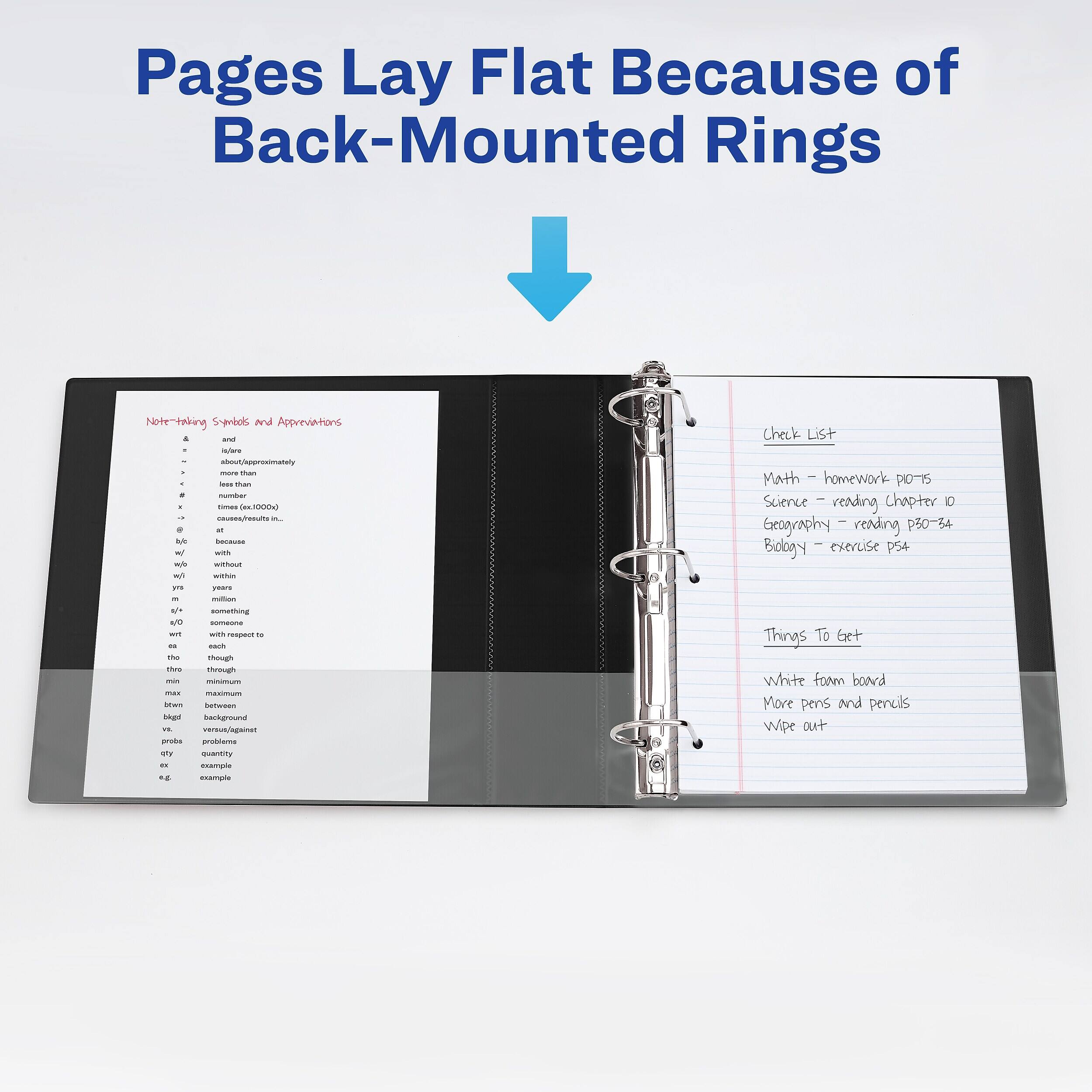 Pages Lay Flat Because of Back-Mounted Rings

Note-taking Symbols and Abbreviations
- and
- H/DRE (approximately)
- more than
- less than
- times (x1000)
- because
- w/ (with)
- w/b (without)
- w/in (within)
- yrs (years)
- a/ (something)
- w/ (someone)
- w/r (with respect to)
- tho (though)
- thro (through)
- max (maximum)
- btw (between)
- vs (versus/against)
- probs (problems)
- qty (quantity)
- e.g. (example)

Check List
- Math - homework p10-15
- Science - reading Chapter 10
- Geography - reading p30-34
- Biology - exercise p54

Things To Get
- White foam board
- More pens and pencils
- Wipe out