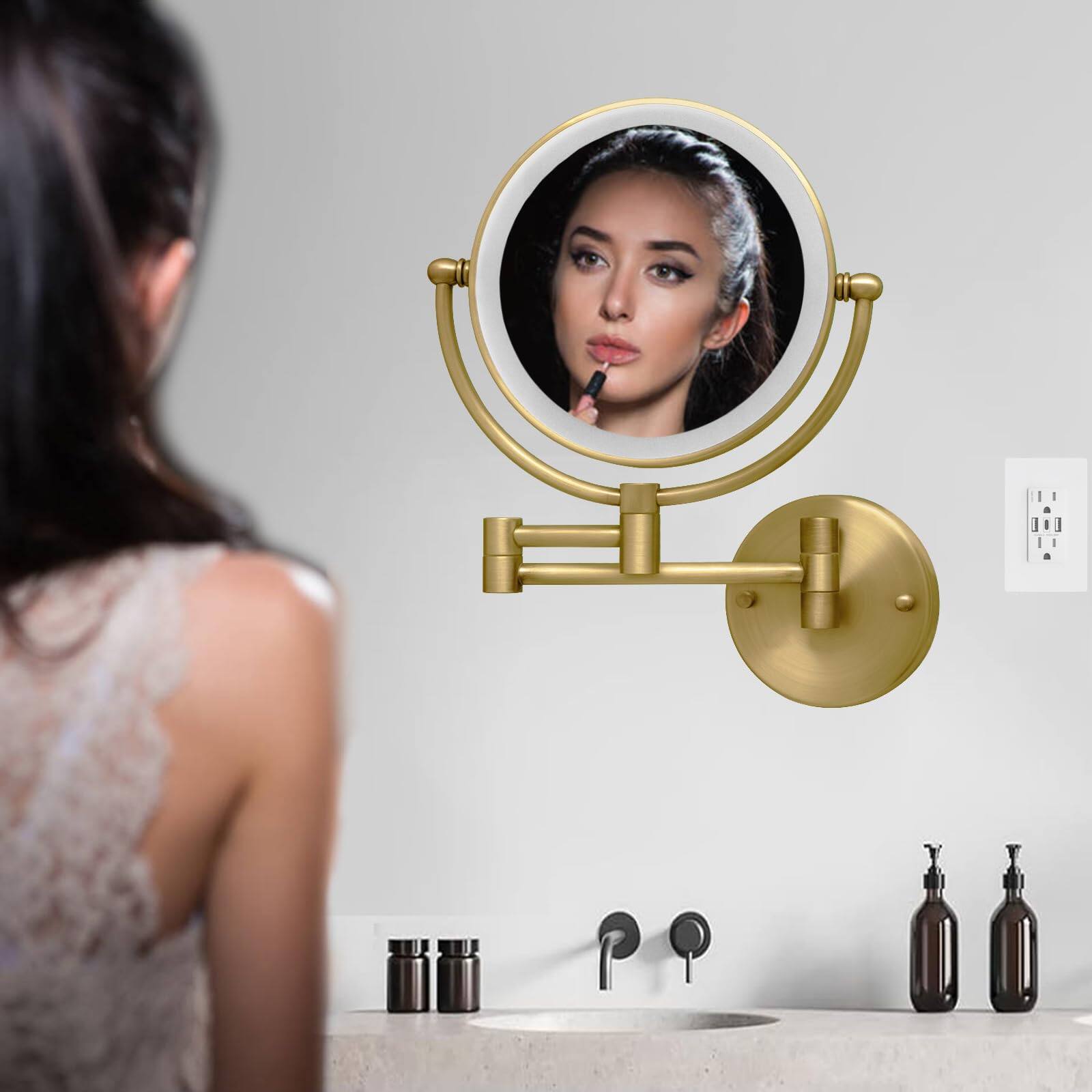 Alt View 5. Earthley Blooms - Wall Mounted Makeup Mirror With Light And Magnification 7w Higher Brightness Dimmable 1x 10x Double Sided... - Satin Brushed Gold-Direct Wire.
