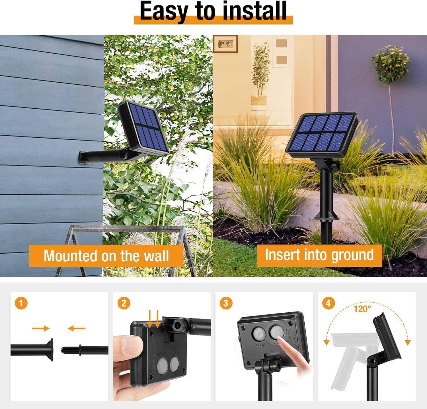 Easy to install  
Mounted on the wall  
Insert into ground  
1  
2  
3  
4  
120°