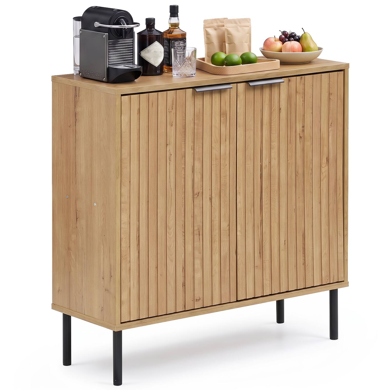 Alt View 9. Costway - Costway Fluted Buffet Cabinet 2-Door Sideboard with Storage Adjustable Feet Elevated Base - Oak + Black.