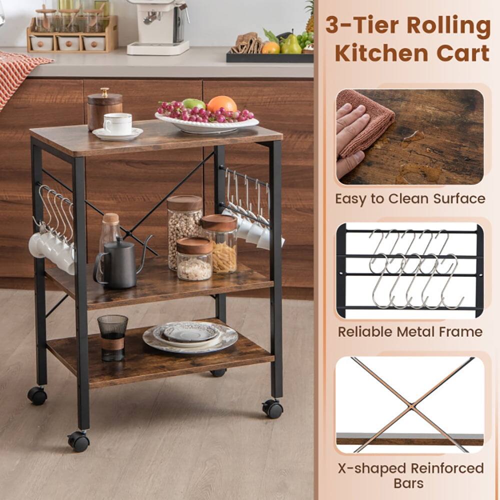 3-Tier Rolling Kitchen Cart

- Easy to Clean Surface
- Reliable Metal Frame
- X-shaped Reinforced Bars