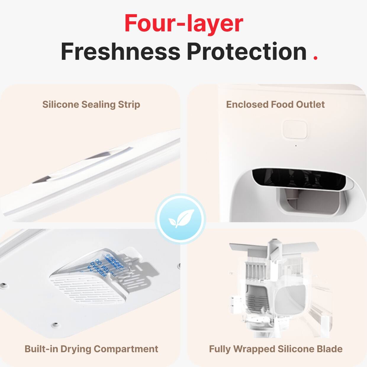 Four-layer Freshness Protection.

- Silicone Sealing Strip
- Enclosed Food Outlet
- Built-in Drying Compartment
- Fully Wrapped Silicone Blade