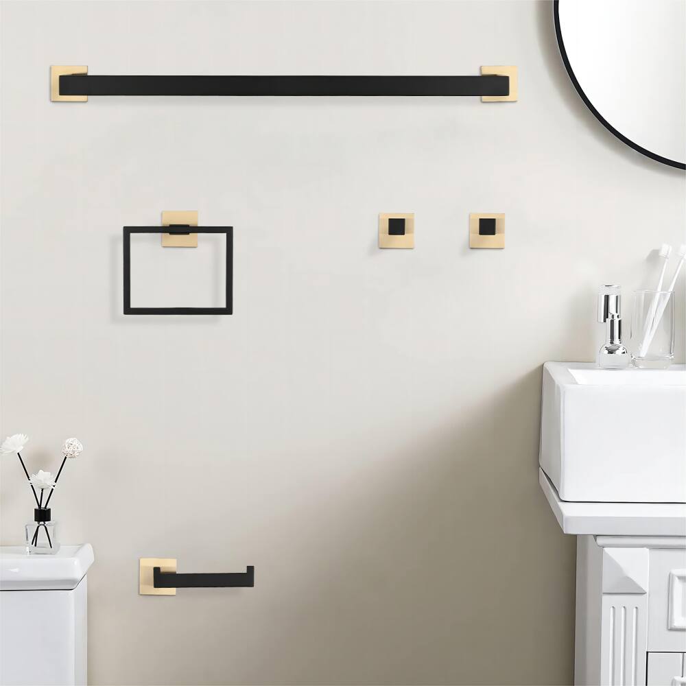 Angle. JUJABU - 5-Piece Bathroom Set Towel Bar + Ring + Hooks + TP Holder, Black + Gold - Black + Gold.