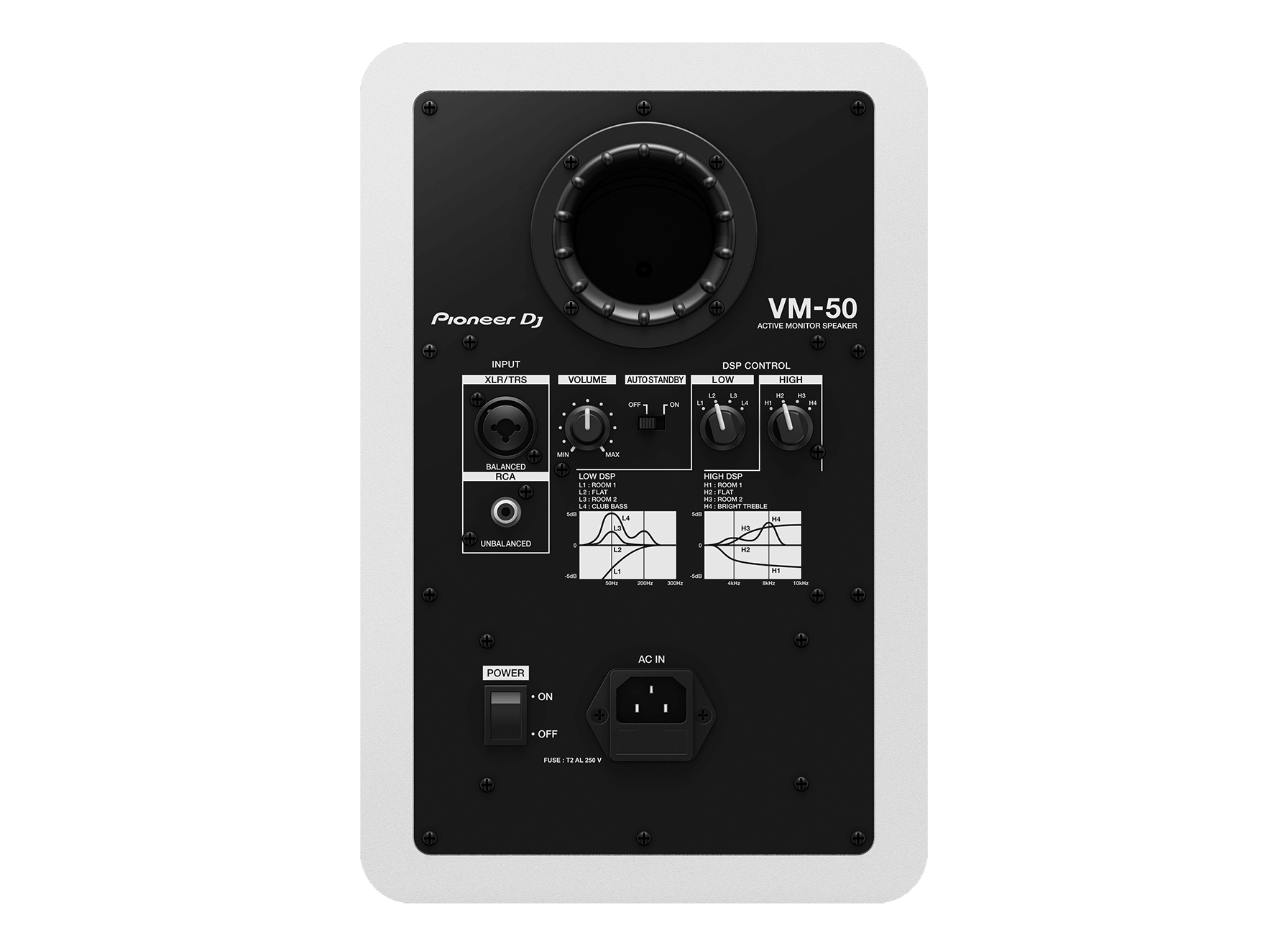 Pioneer DJ VM-50 ACTIVE MONITOR SPEAKER

INPUT XLR/TRS
VOLUME
AUTO STANDBY
DSP CONTROL
LOW HIGH

BALANCED RCA
UNBALANCED

POWER ON AC IN
FUSE: T2AL 250V