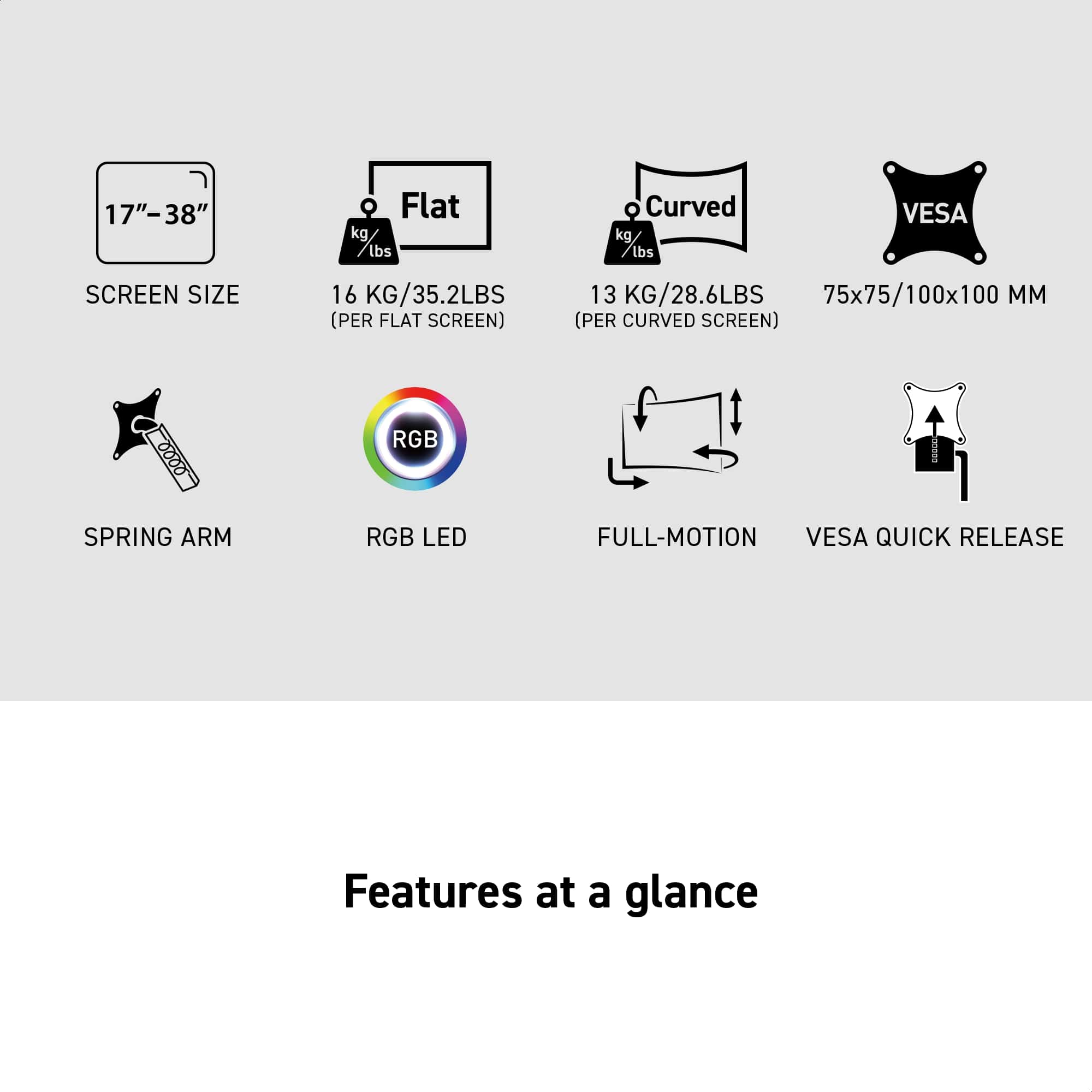 - **Screen Size:** 17" - 38"
- **Flat:** 16 KG / 35.2 LBS (per flat screen)
- **Curved:** 13 KG / 28.6 LBS (per curved screen)
- **VESA:** 75x75 / 100x100 MM
- **Spring Arm**
- **RGB LED**
- **Full-Motion**
- **VESA Quick Release**

**Features at a glance**