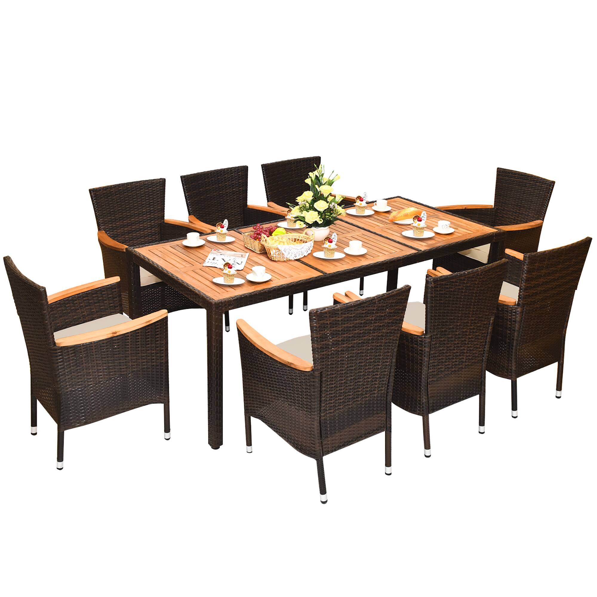 Alt View 1. Gymax - Gymax 9PCS Rattan Patio Dining Set w/ 8 Stackable Cushioned Chairs Wooden Tabletop - Brown.