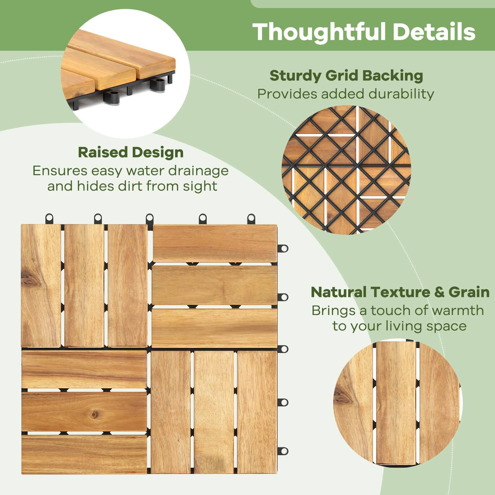 Thoughtful Details  
Sturdy Grid Backing  
Provides added durability  

Raised Design  
Ensures easy water drainage and hides dirt from sight  

Natural Texture & Grain  
Brings a touch of warmth to your living space