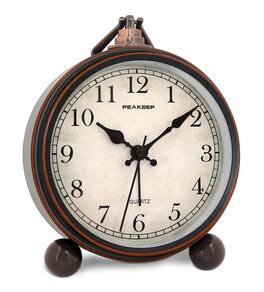 FINEAK - 4" Vintage Gold Analog Alarm Clock, Silent Battery Operated Desk Clock - Black