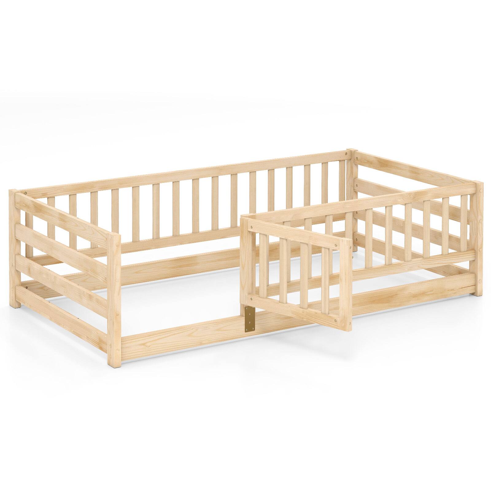 Alt View 9. Gymax - Gymax Twin Size Floor Bed w/High Fence & Door Safety Guardrails Wood Floor Bed Frame Natural - Natural.
