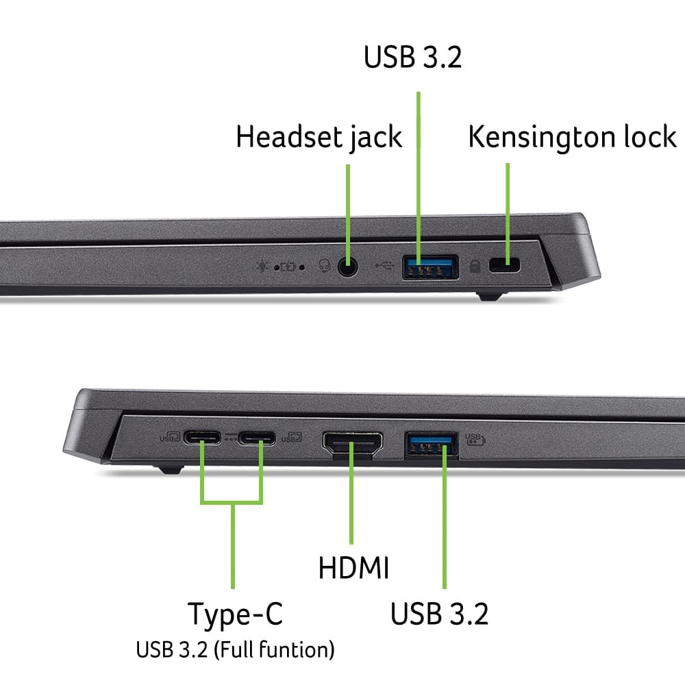 The image shows a laptop with a USB 3.2 headset jack, a Kensington lock, and an HDMI port. The laptop also has a Type-C USB 3.2 port with full functionality.