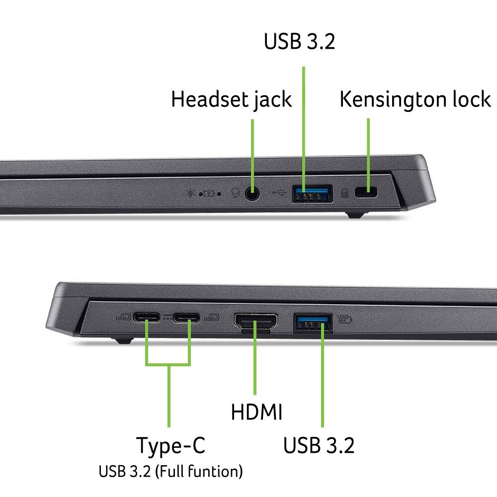 The image shows a laptop with a USB 3.2 headset jack, a Kensington lock, and an HDMI port. The laptop also has a Type-C USB 3.2 port with full functionality.