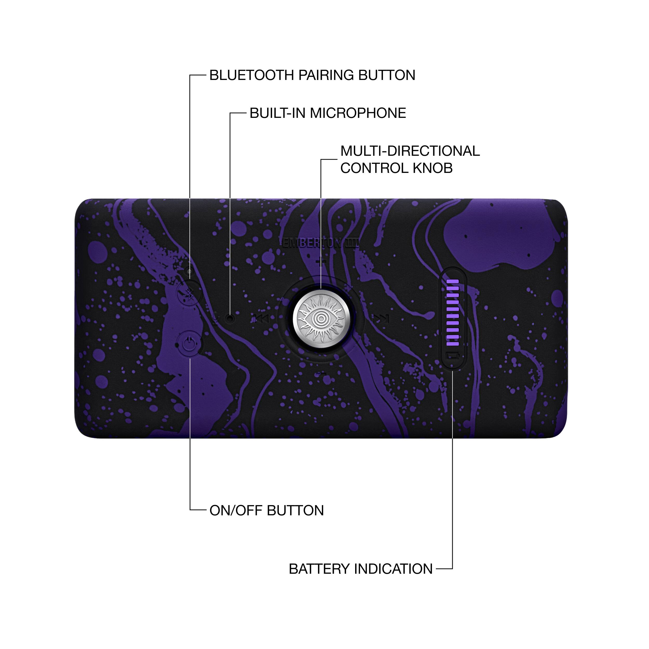 BLUETOOTH PAIRING BUTTON  
BUILT-IN MICROPHONE  
MULTI-DIRECTIONAL CONTROL KNOB  
EMBERTON.COM  
ON/OFF BUTTON  
BATTERY INDICATION