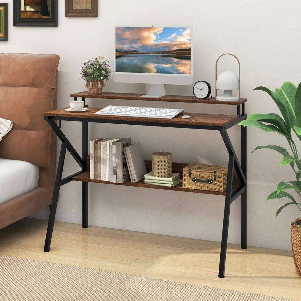 Angle. Kadyn - Space-Saving Computer Desk - Monitor Stand + Extra Storage Shelf, Work/Study, Rustic Brown + Black - Brown.