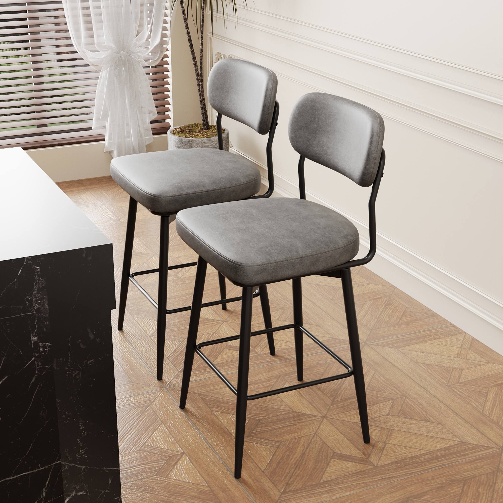 Angle. TinyHomie - 360° Rotating Bar Chair Bar Stool bar stools set of 2 piece set with leather cushions and iron brackets - Grey.