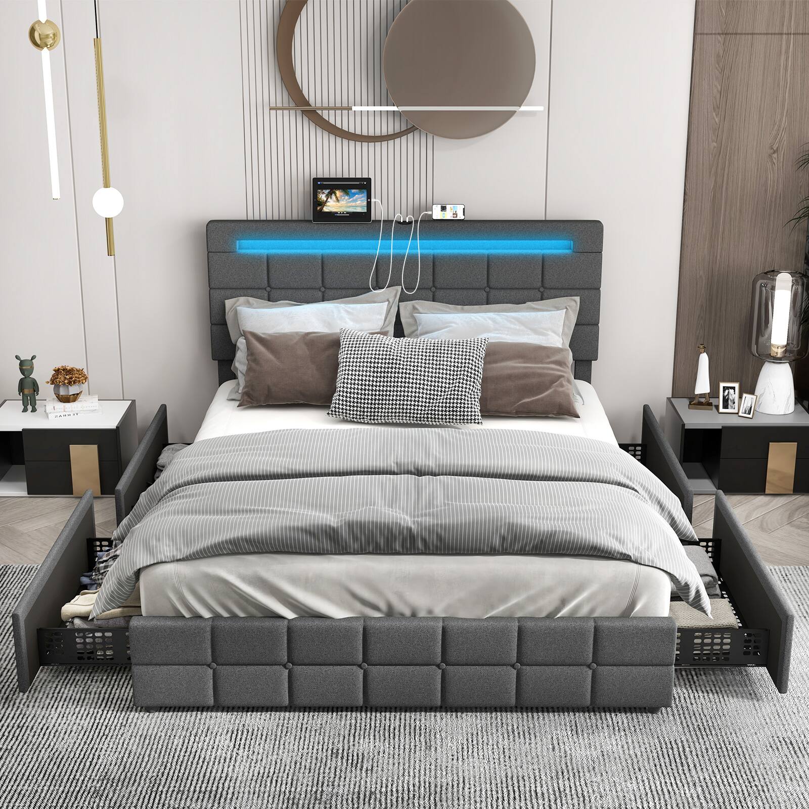 Alt View 1. Ecooso - Upholstered LED Bed Frame with Headboard and 4 Storage Drawers - Gray.