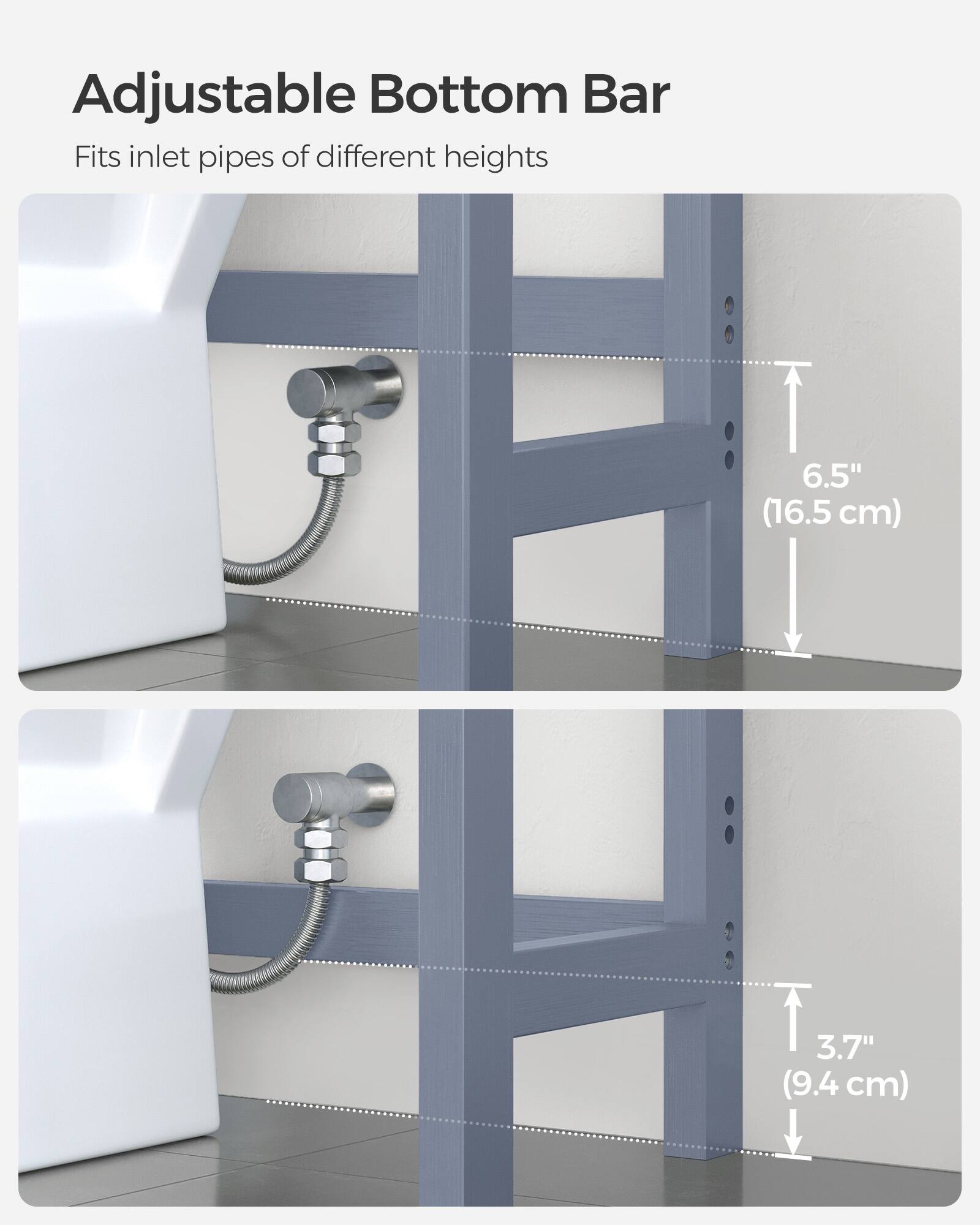 Adjustable Bottom Bar  
Fits inlet pipes of different heights  
6.5" (16.5 cm)  
3.7" (9.4 cm)