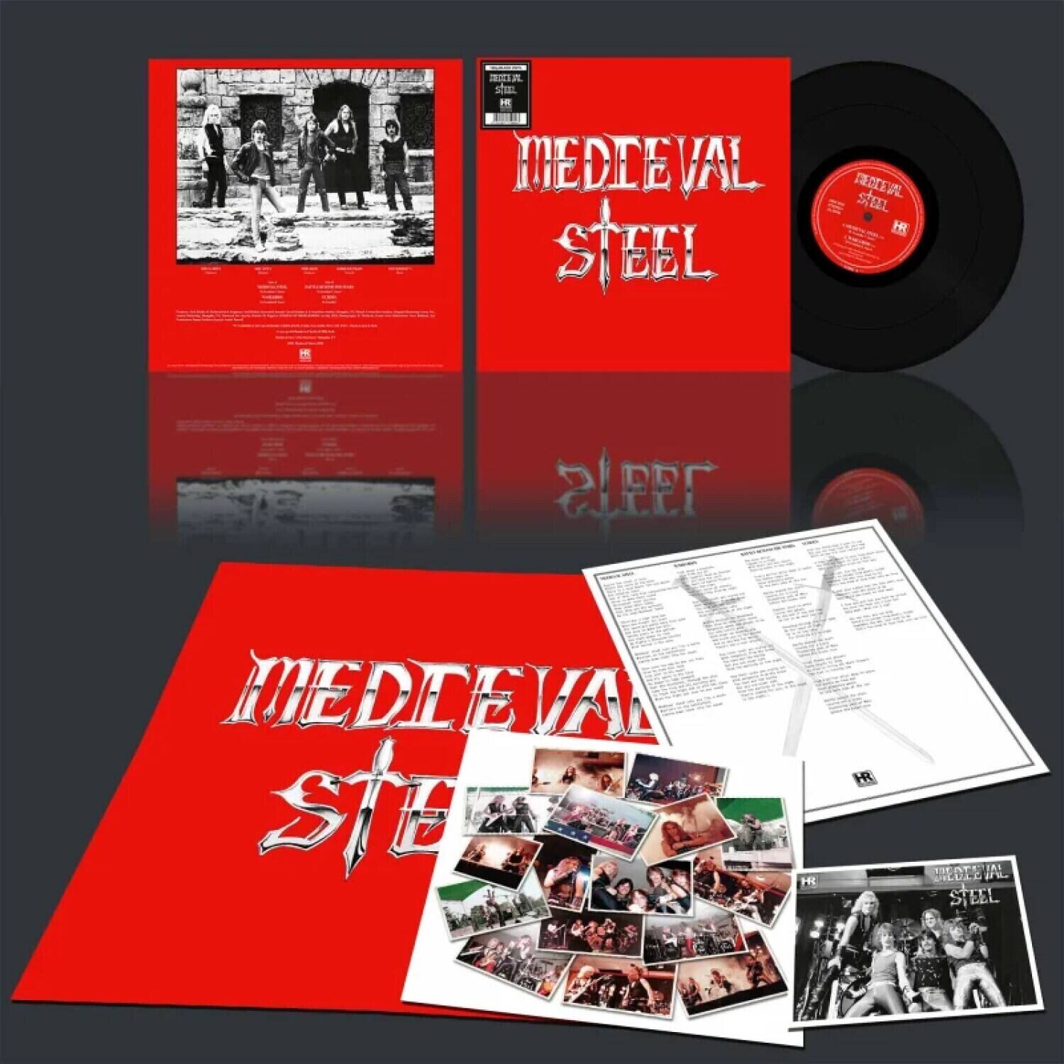 Sure, here is the corrected and grouped text from the image:

---

**Front Cover:**
- MEDIEVAL STEEL

**Back Cover:**
- MEDIEVAL STEEL
- [Band Members' Names]
- [Album Title]
- [Track List]
- [Additional Text]

**Vinyl Label:**
- MEDIEVAL STEEL
- [Album Title]
- [Track List]

**Inner Sleeve:**
- [Lyrics]
- [Band Members' Names]
- [Additional Text]

**Photos:**
- [Various Photos of the Band]

**Additional Text:**
- [Any additional text or credits on the inner sleeve or photos]

---

This text is grouped based on the visible sections of the album cover, back cover, vinyl label, inner sleeve, and photos.