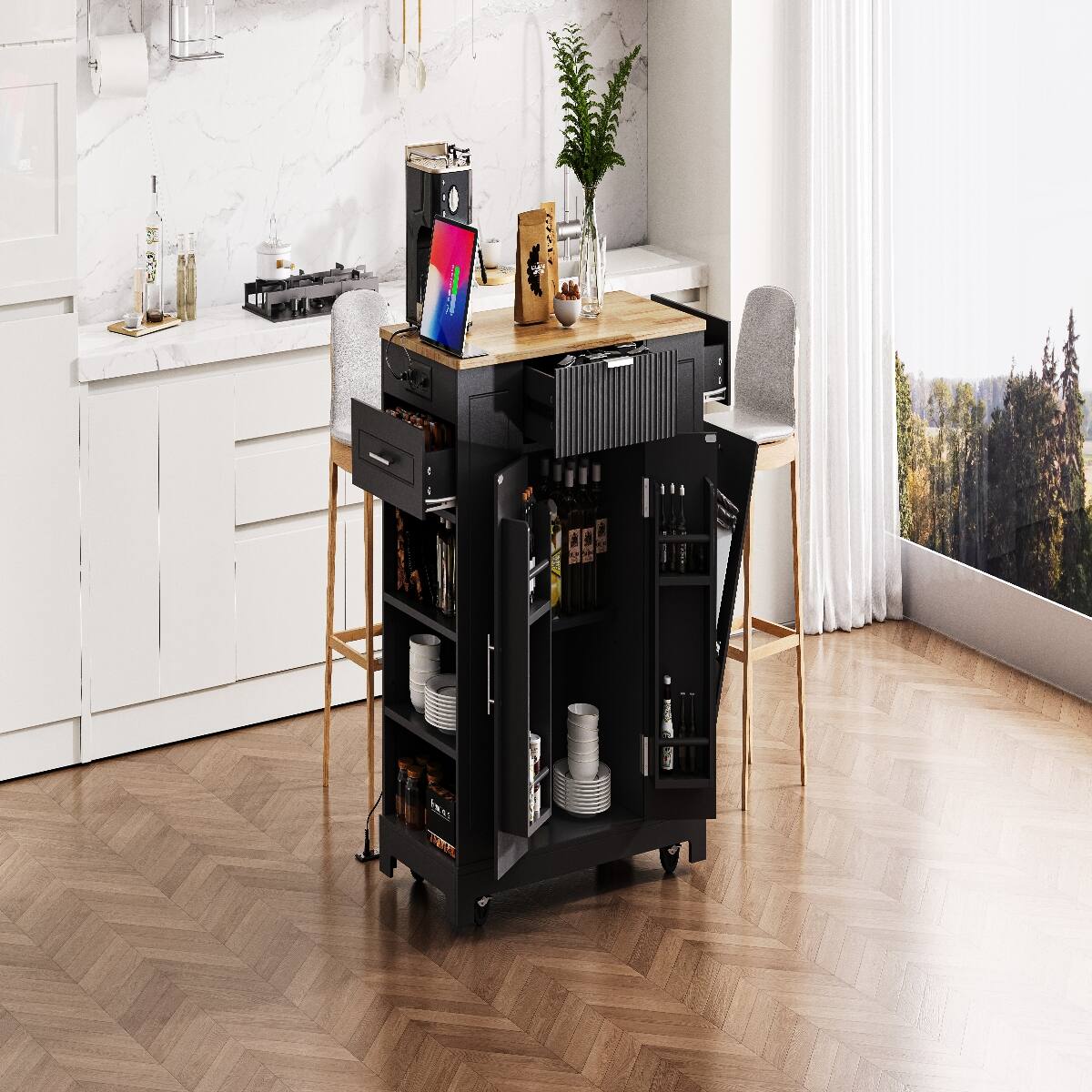 Back. Loheer - Loheer Black Fluted Kitchen Island with Trash Can Storage, Rubberwood Top & Power Outlet, 48.5in - Black.