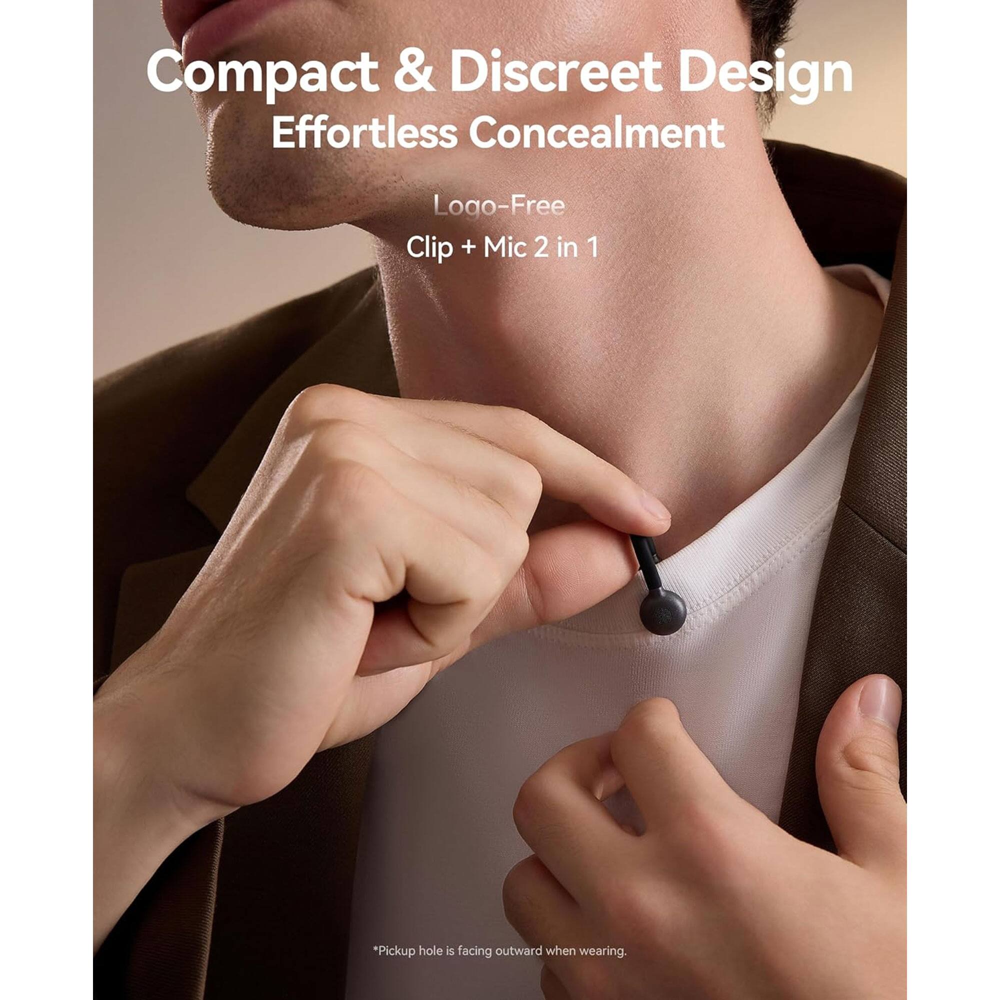 Compact & Discreet Design  
Effortless Concealment  

Logo-Free  
Clip + Mic 2 in 1  

*Pickup hole is facing outward when wearing.