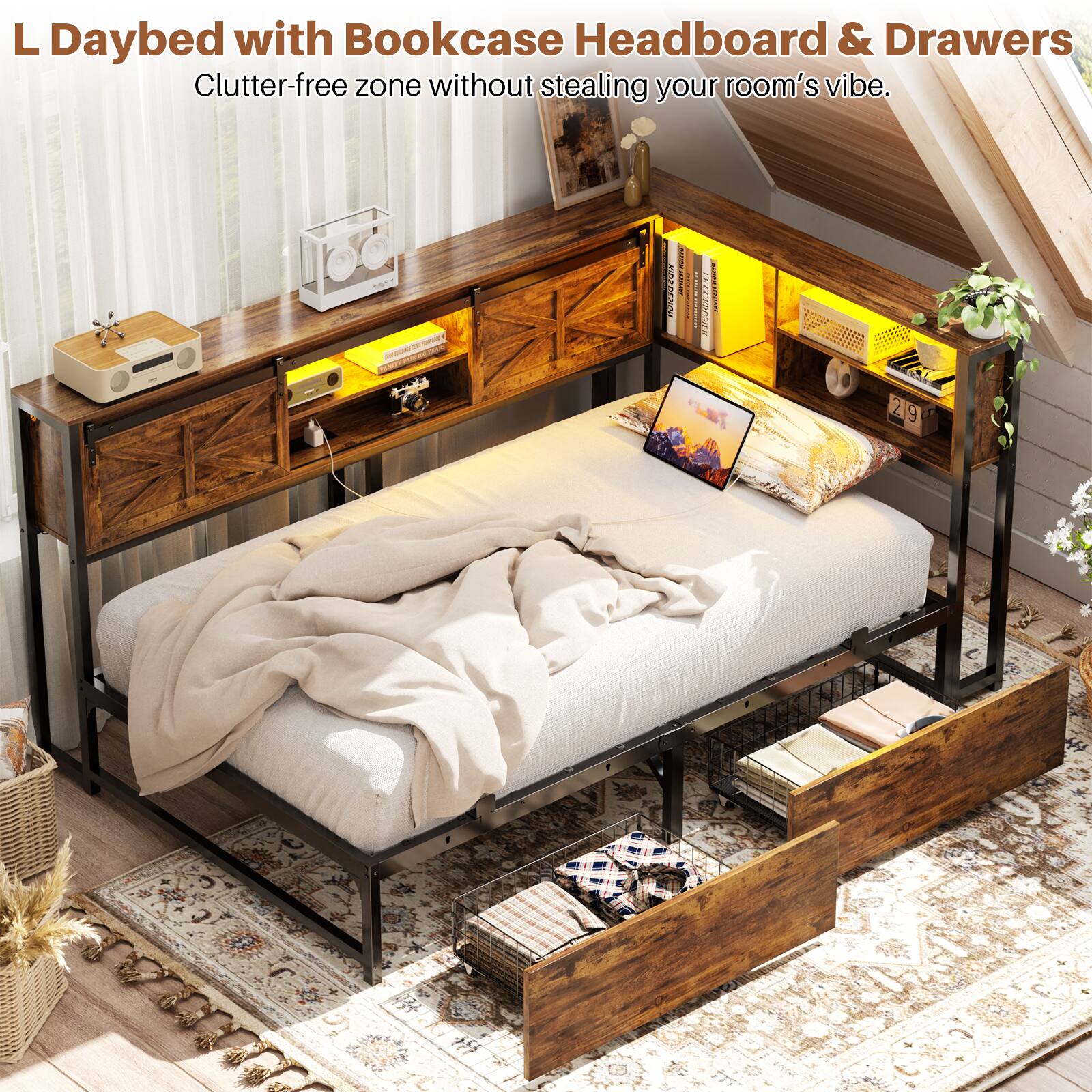 L Daybed with Bookcase Headboard & Drawers  
Clutter-free zone without stealing your room's vibe.
