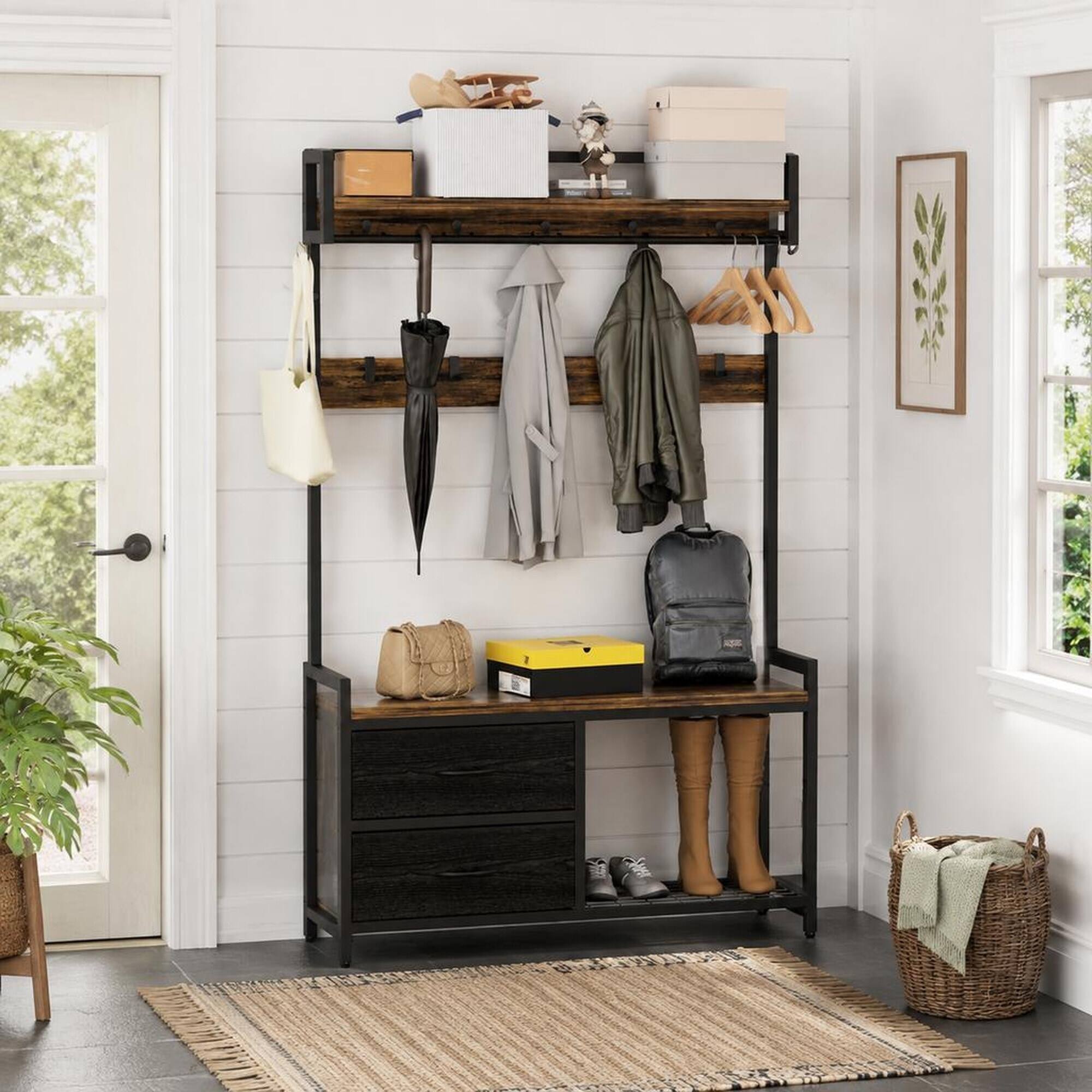 RYHNUYNE 33.1 in Wide 5 in 1 Hall Tree, Entryway Bench, Shoe Storage, 2 ...