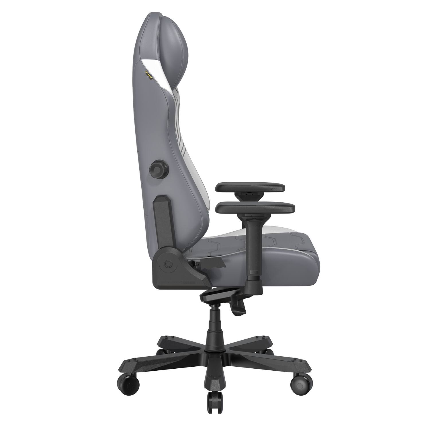 Left. DXRacer - DXRacer Master Series Gaming Chair – Gray and White Lines, Premium PU Leather with Built-In Lumbar Support & 4D Armrests - Gray and White.