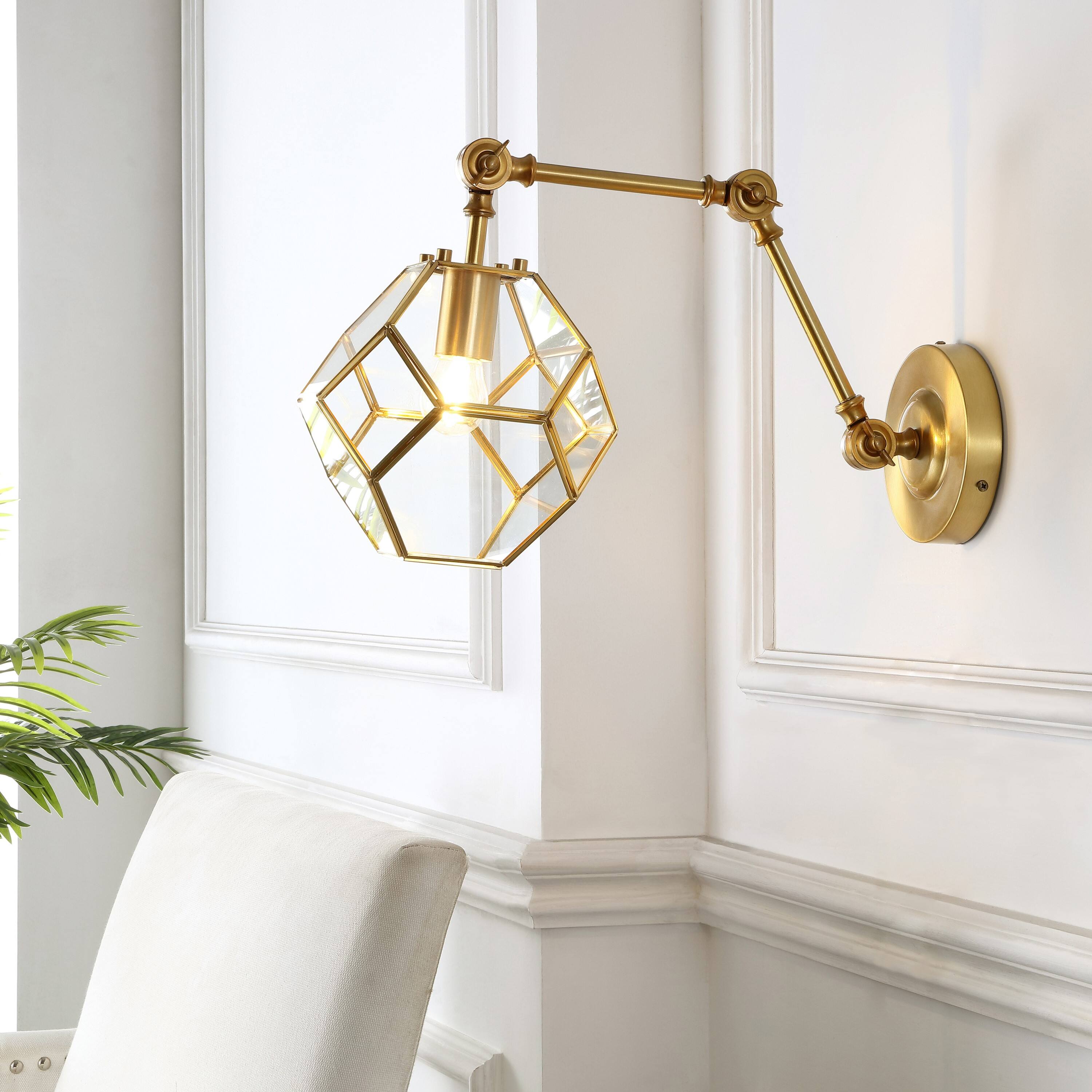 Alt View 1. Jonathan Y - Honeycomb 7.5" 1-Light Modern Contemporary Arm-Adjustable Iron/Glass LED Sconce, Brass Gold/Clear - Brass Gold/Clear.